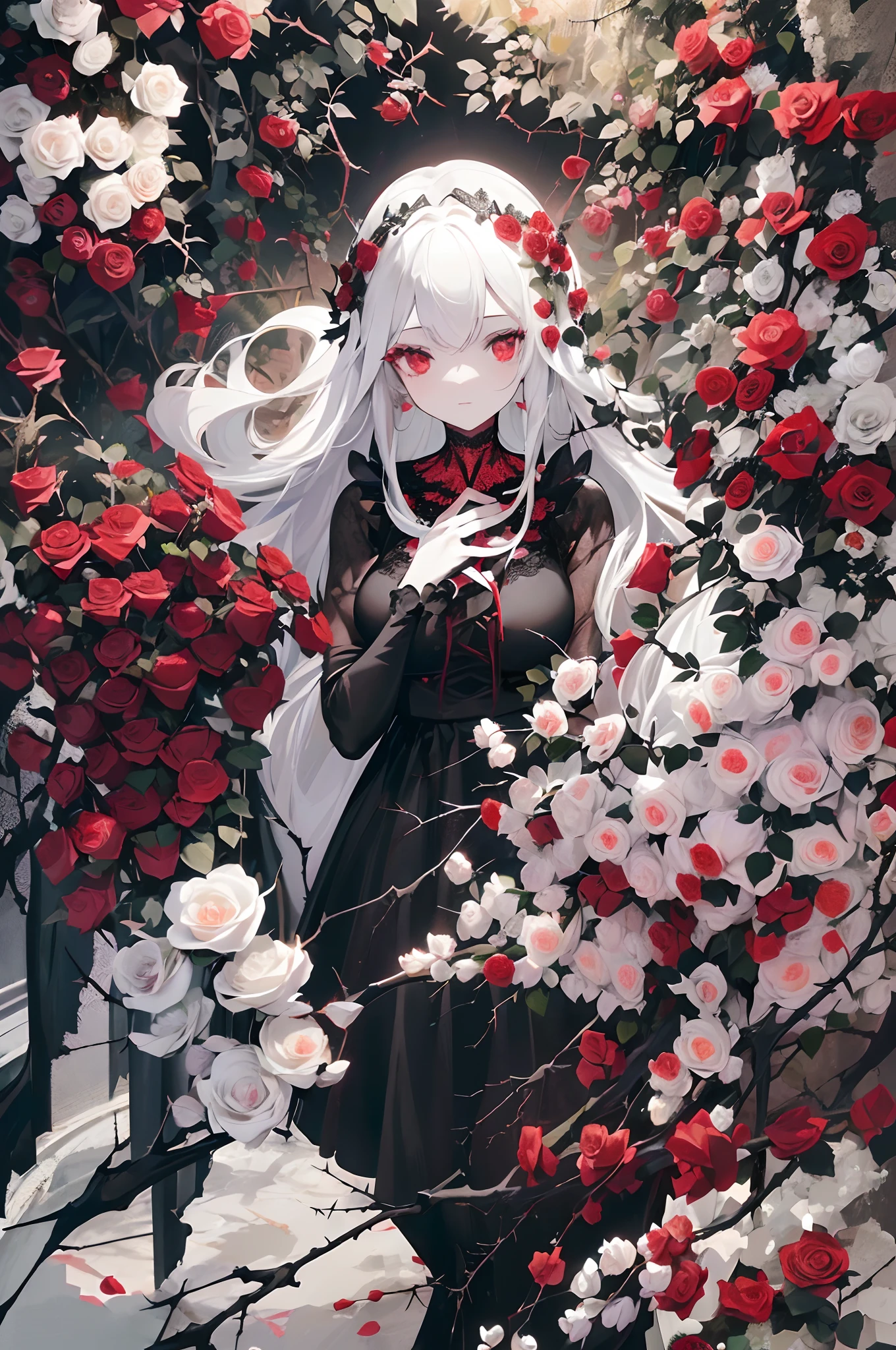 Pale painting style, One girl, long white shaggy, fluffy hair, long bangs between eyes, eyes slightly hidden by bangs,,, Big pale red eyes, Staring eyes, Red Eye Shadow, long eyelashes, Smile, White skin like a doll, (Bright red roses and thorns tangled in the hair:1.3), Black Gothic Dress, (Beautiful black lace:1.3), Dark background, (A lot of red roses are blooming:1.5), ultra-quality, Super Detail, super detailed image, Close-up of face,