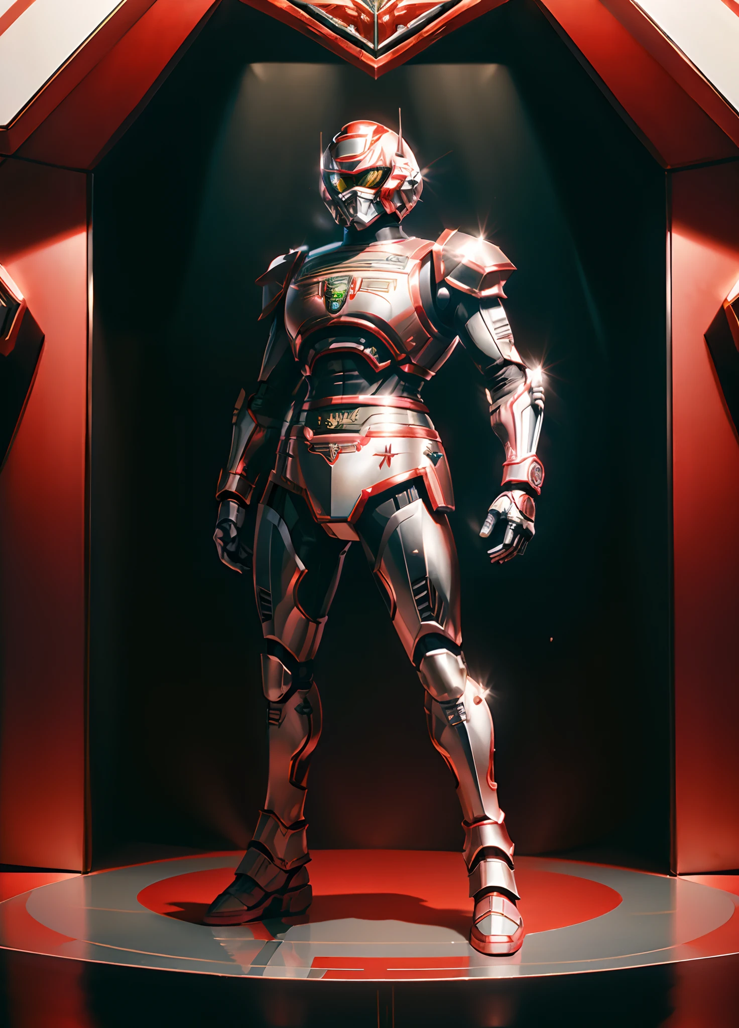 (((Full Body, Jaspion))), dark display on helmet, white armor with red details, tokusatsu, high detailed, mechanical armor, 8k, FXAA, TXAA, Intricate, highlights on armor, JaspionQuiron character