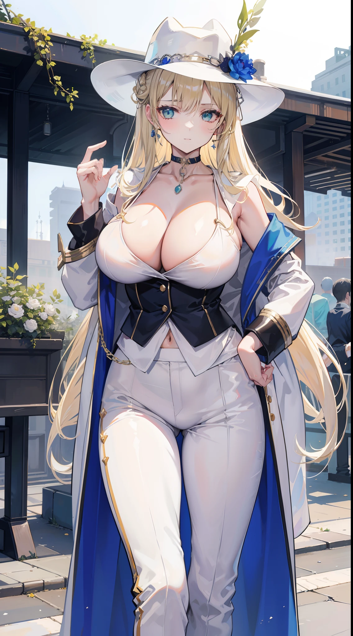 Chains,耳Nipple Ring,choker necklace,Forehead,middle parted hairstyle,femele,Train station,a beauty girl,Long light blonde hair,green pupills,Business suit,white business suit,in suit,White color blouse,shorter pants,wind coat,Cowboy hat,Flower arrangement on a hat,The streets of London,high-heels,obi strip,tiese,wind coat,ssmile,huge tit,(cleavage),deep v big breasts,fly