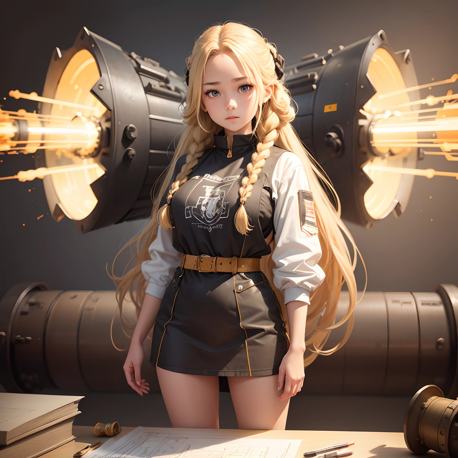 Blonde haired girl with very large double braids holding a giant shock cannon scribbled drawing style