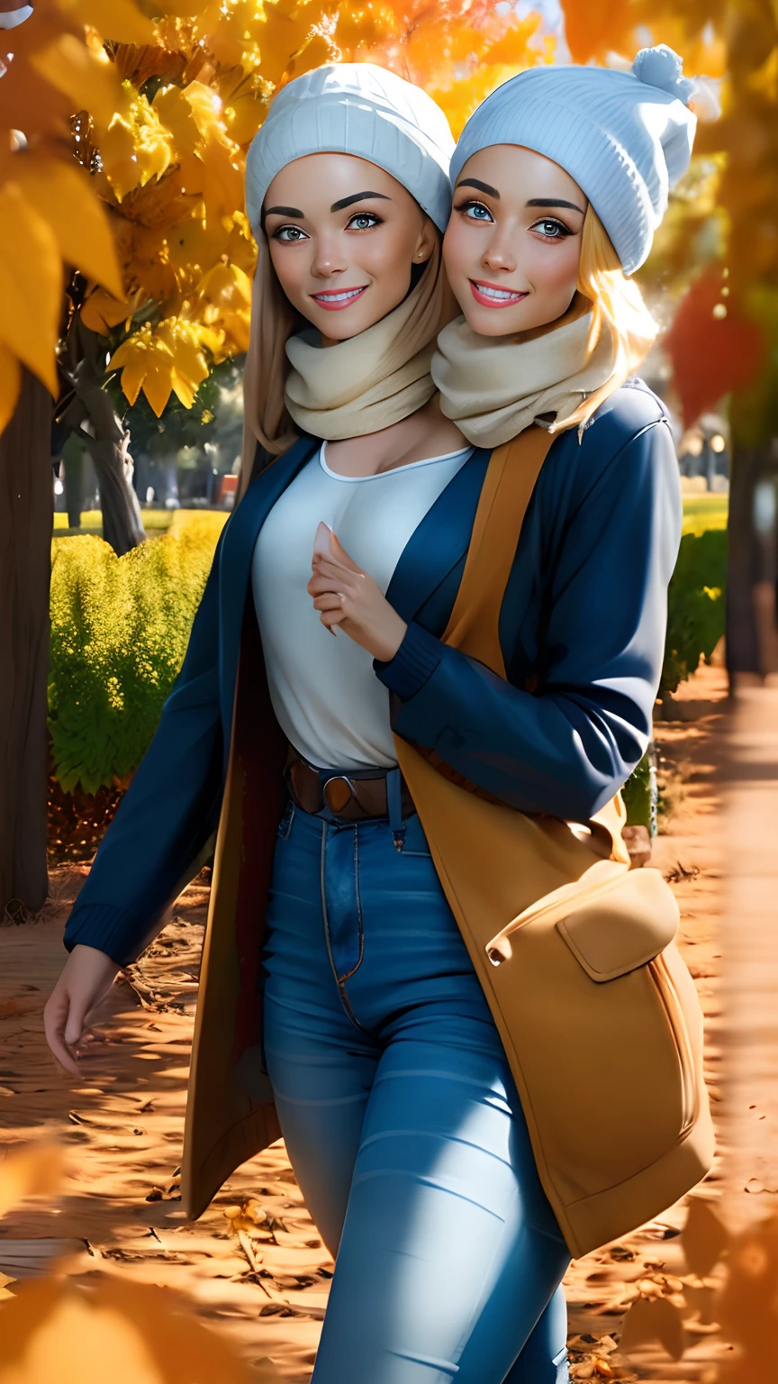 (2Heads:1.5), woman walking in park, white top, blue jeans, black beanie, young, 20 years old, beautiful, mid size blonde hair, sunny day, fall colors, orange trees, autumn, pretty, Instagram photo, smile, pumpkin patch, holding coffee cup, wearing scarf, kodak film, ultra realistic face, photorealistic effect, 8k, perfetc eyes, perfect edges, perfetc body and hair ultra realistic, hair with great details, perfect face