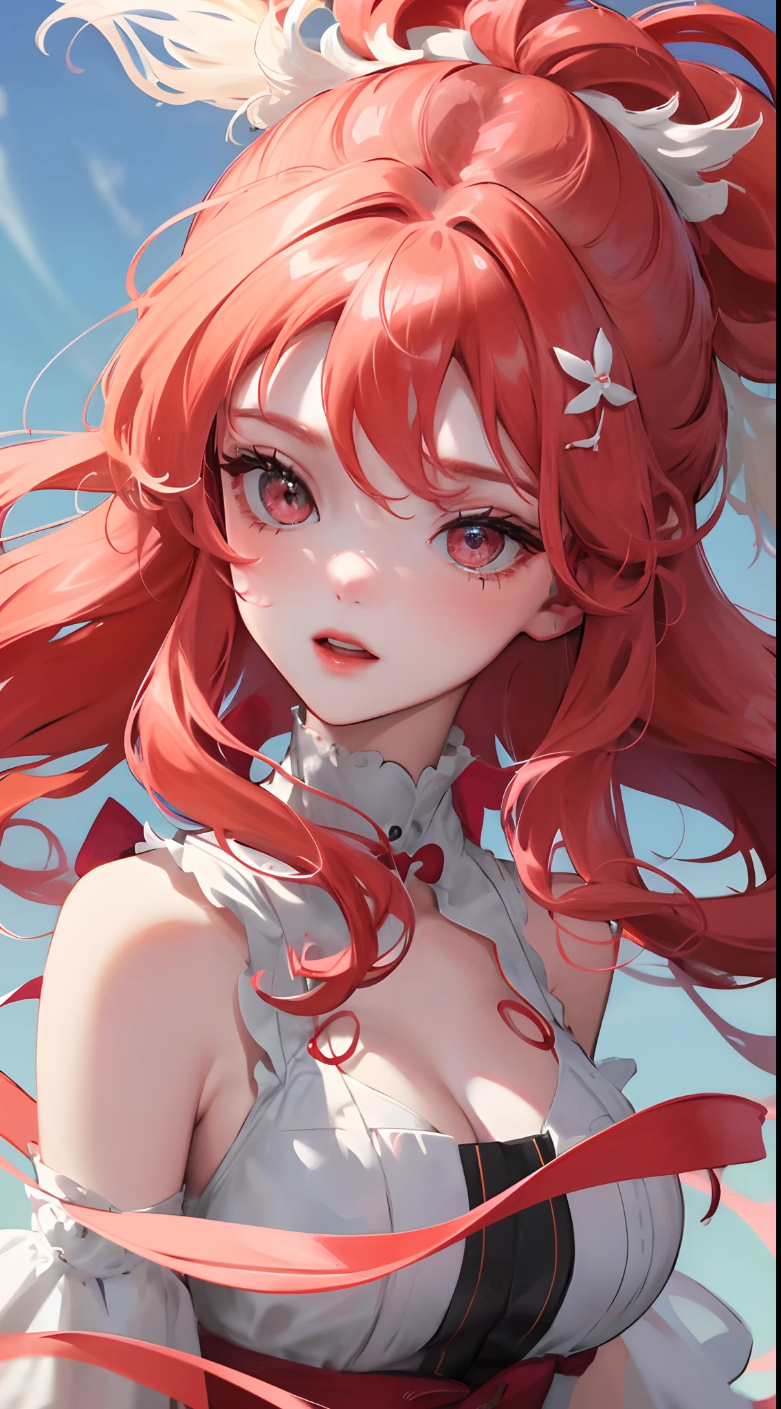 1个Giant Breast Girl,Bright red wavy curls,Bow hair ornament,Redlip,white skinned,Single Eyelids,Delicate facial features,grey dress,火焰,on fire,brightly colored,clear skies,brightly,high detal,high qulity,Good atmosphere,delicated,cg render,detail render,(Delicate facial portrayal)(Fine hair portrayal)(highest quality)(Master masterpieces)(High degree of completion)(a sense of atmosphere)(half-body portrait)