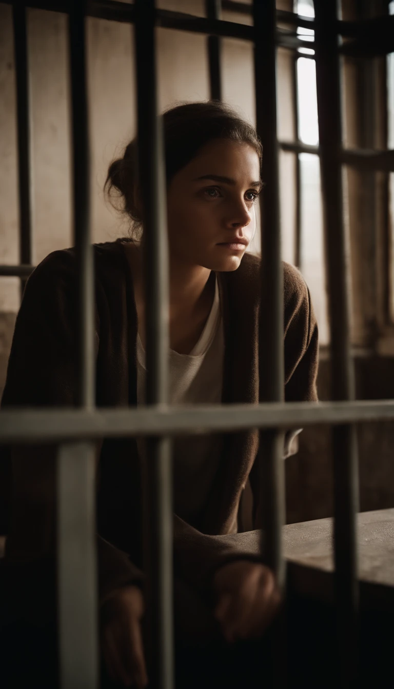 1girl, prison outfit, criminal, antagonist, chains, handcuffs, prison, intricate, detailed, (best quality,4k,8k,highres,masterpiece:1.2),ultra-detailed,(realistic,photorealistic,photo-realistic:1.37),HDR,UHD,studio lighting,ultra-fine painting,sharp focus,physically-based rendering,extreme detail description,professional,vivid colors,bokeh,portraits,horror,dark,moody,dramatic lighting