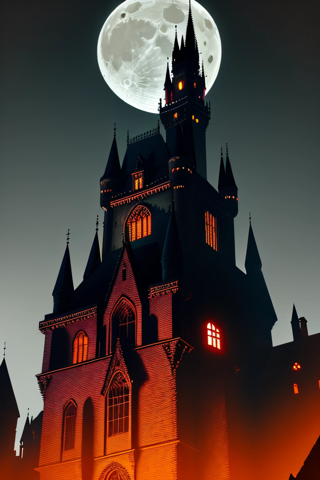 Gothic castle, vampire bats, werewolves, witches, flying red dragons, rallied troops, night time with moon glow in the background, dynamic lighting, photorealistic, high res