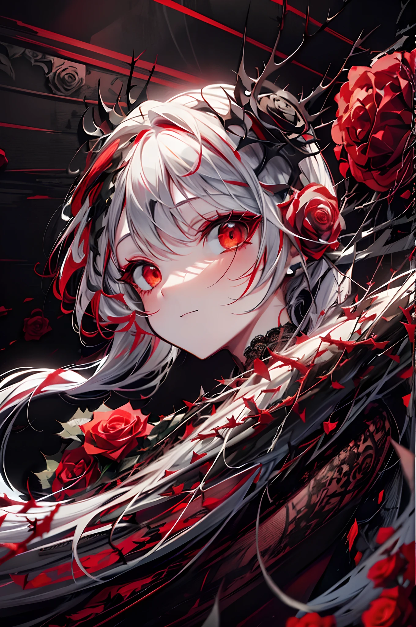 Pale painting style, one girl, long white shaggy, fluffy hair, long bangs between eyes, eyes slightly hidden by bangs, large pale red eyes, staring eyes, red eye shadow, long eyelashes, smile, doll-like white skin, (bright red roses and thorns tangled in hair:1.3), Black gothic dress, (beautiful black lace:1.3), dark background, (lots of red roses in bloom:1.5), super high quality, super detail, super detailed image, close-up of face,
