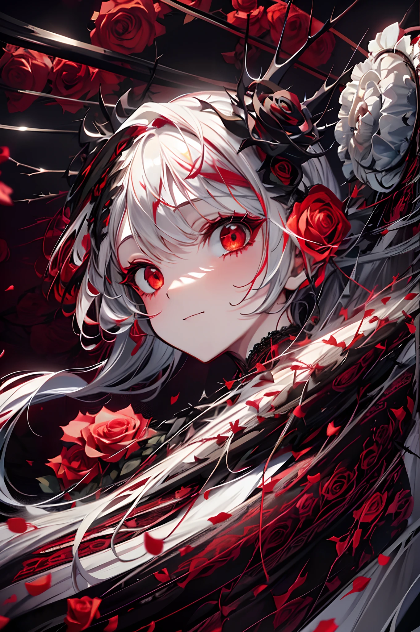 Pale painting style, one girl, long white shaggy, fluffy hair, long bangs between eyes, eyes slightly hidden by bangs, large pale red eyes, staring eyes, red eye shadow, long eyelashes, smile, doll-like white skin, (bright red roses and thorns tangled in hair:1.3), Black gothic dress, (beautiful black lace:1.3), dark background, (lots of red roses in bloom:1.5), super high quality, super detail, super detailed image, close-up of face,