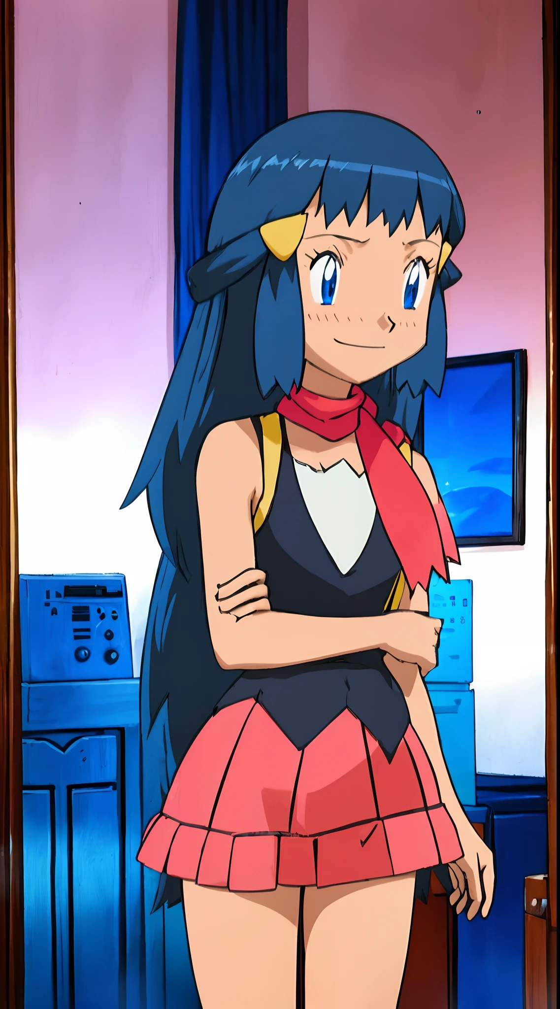 masterpiece, full body, dark blue hair young girl, blue eyes, long wavy hair, medium breasts, sexy body and face, black sleeveless shirt, lay at the bed, innocent smile, red blush, yellow hairpin, red scarf, red skirt, white headwear, sexy pose, dakimakura