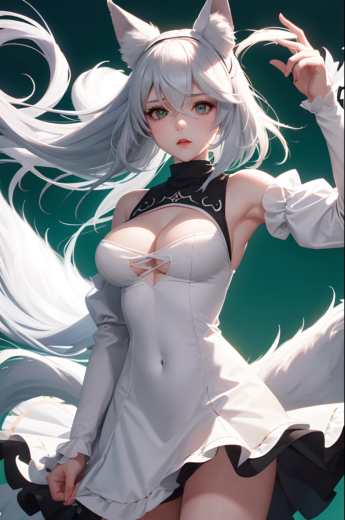 1girl, wlop, (blindfold), breasts, cleavage, cleavage cutout, dress cutout, green background, hair between eyes, headband, high resolution, juliet sleeves, long sleeves, nier (series), nier automata, fluffy sleeves, red lips, shadow face, short hair, solo, turtleneck sweater, upper body, l blue hair, sky, white fox ears, white fox tail, nine-tailed fox, --auto