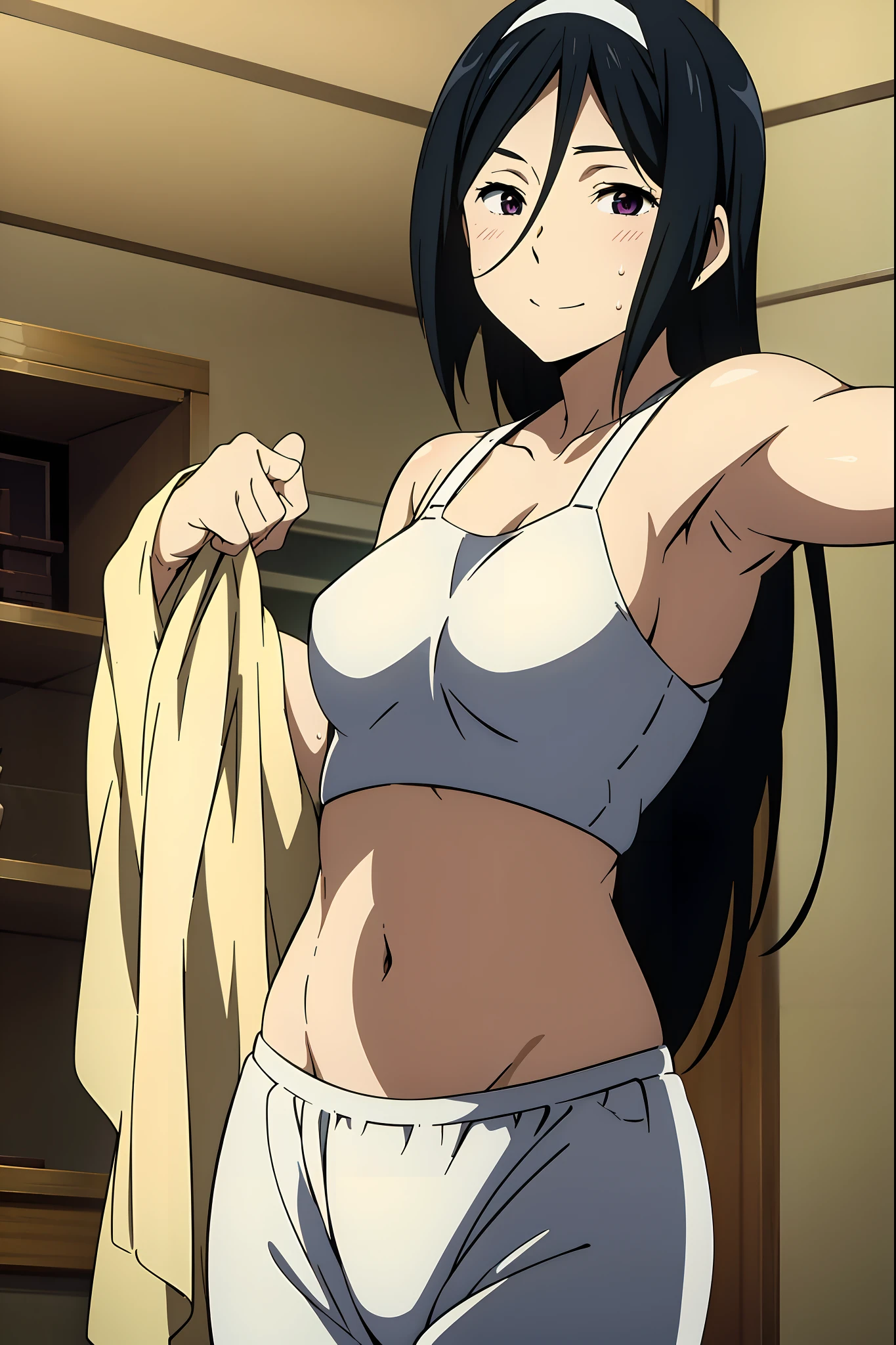 (((masterpiece))), HinataHyuga, blush, smile, 1girl, solo, long hair, looking at viewer, large breasts, black hair, purple eyes, outdoors, sky, sleeveless, looking back, blunt bangs, white eyes, seductive smile ,show tits ,hand on crotch