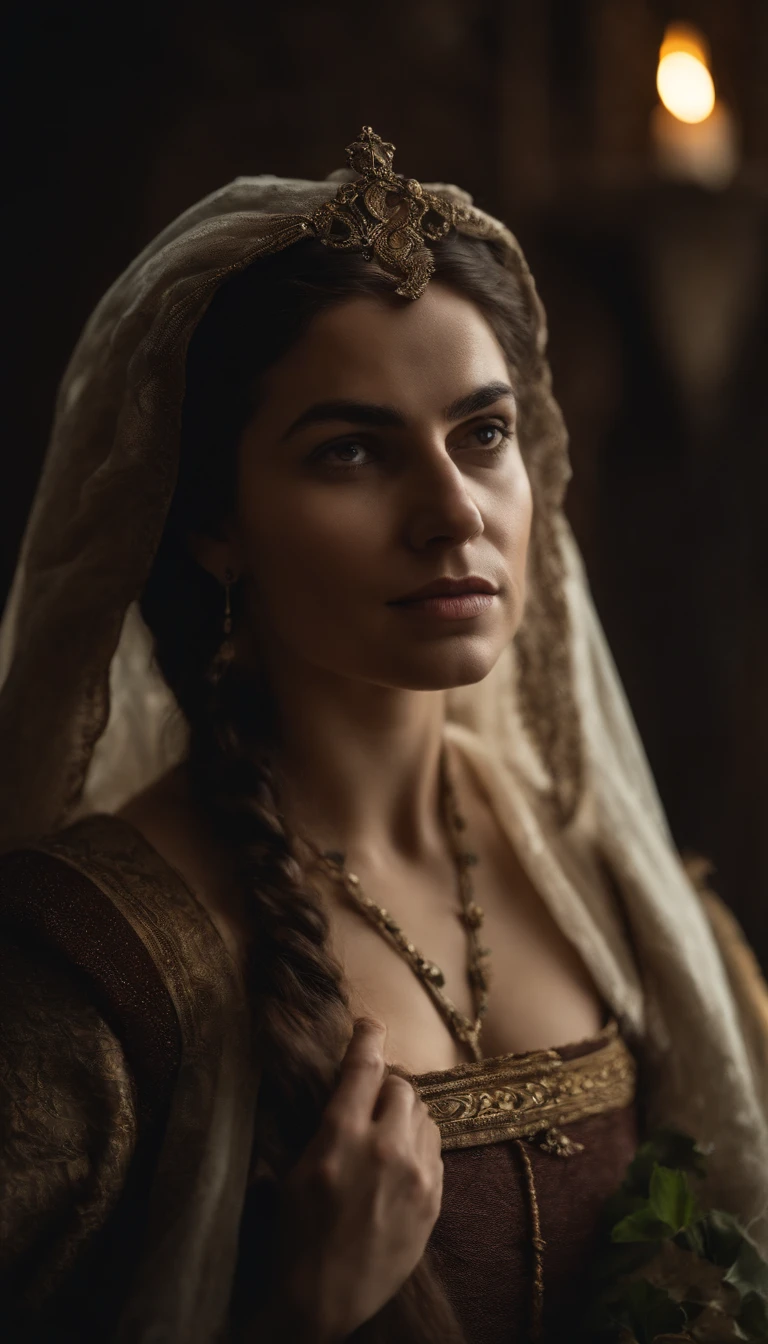 uma garota jovem ajuelhada em uma masmorra. ela esta presa por correntes e desesperada. Medieval times