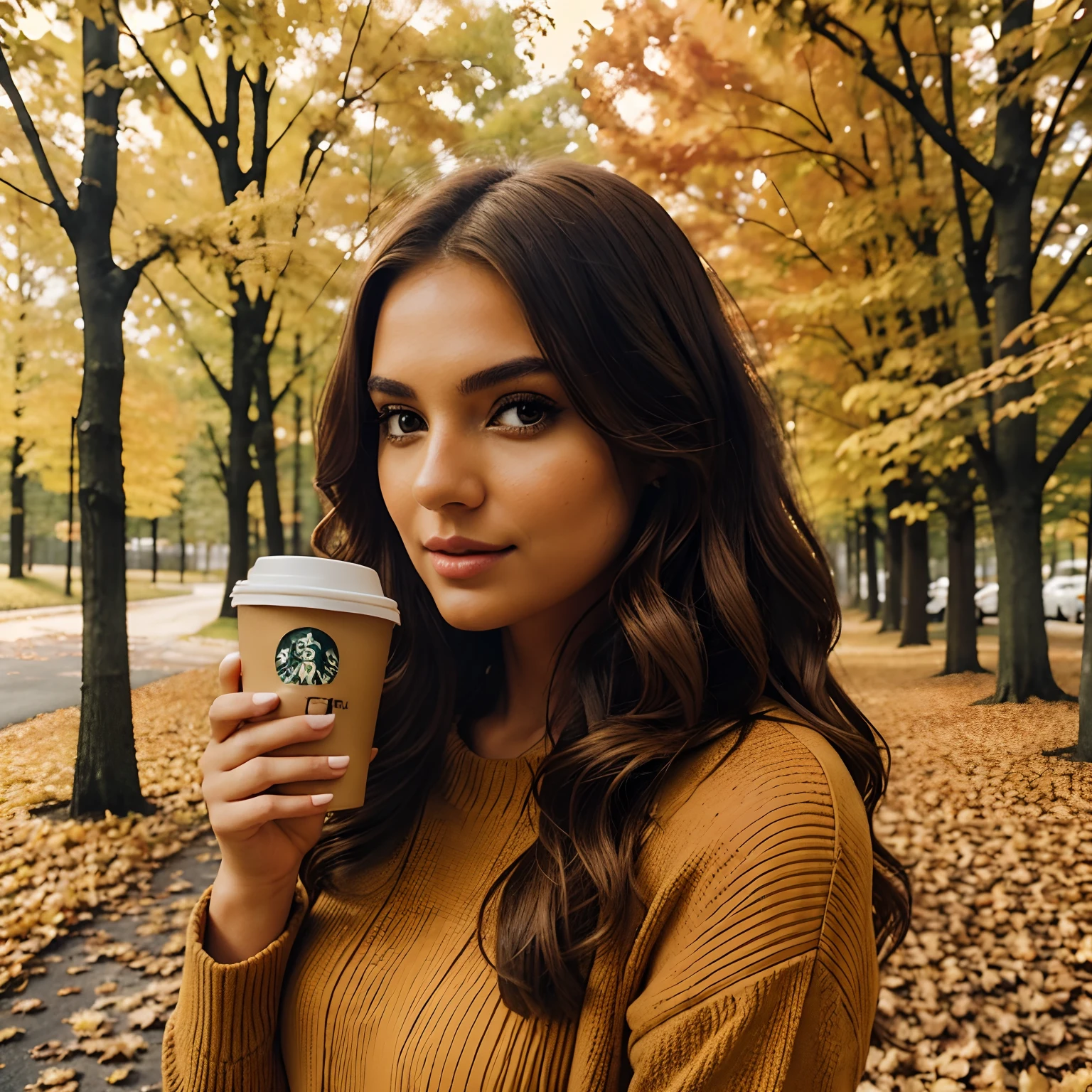 Generate full-body photography of Autumn, the stunning brunette influencer. She should appear in her mid-20s, approximately 5'4" tall, with long, wavy chestnut hair that falls gracefully on her shoulders. She has an athletic hourglass figure accentuated by her full bust. Her complexion should be flawless, with a warm, sun-kissed tan. Autumn's expressive brown eyes should radiate charisma, and she should have a relaxed and confident demeanor.For the 'Pumpkin Spice Personified' theme, Autumn should be dressed in a chic, cozy, and slightly spicy autumn-inspired outfit that reflects her playful personality. Think fashionable with a touch of cheeky charm.The surroundings should exude a cozy autumn atmosphere, featuring elements like pumpkin spice lattes, fallen leaves, and soft, warm lighting. This backdrop should highlight Autumn's love for the season and her playful nature.Pose Autumn in a way that captures the essence of autumn and her spirited personality. She holds a white Starbucks coffee to go cup, adding a dash of spice to the photo and emphasizing her love for all things pumpkin spice.Intense look and makeup with autumnal colors, symmetrical eyes, symmetrical face, photorealistic, photography, path tracing, specular lighting, volumetric face light, path traced hair, visible shadows, intricate, elaborate, hyper-realistic."
