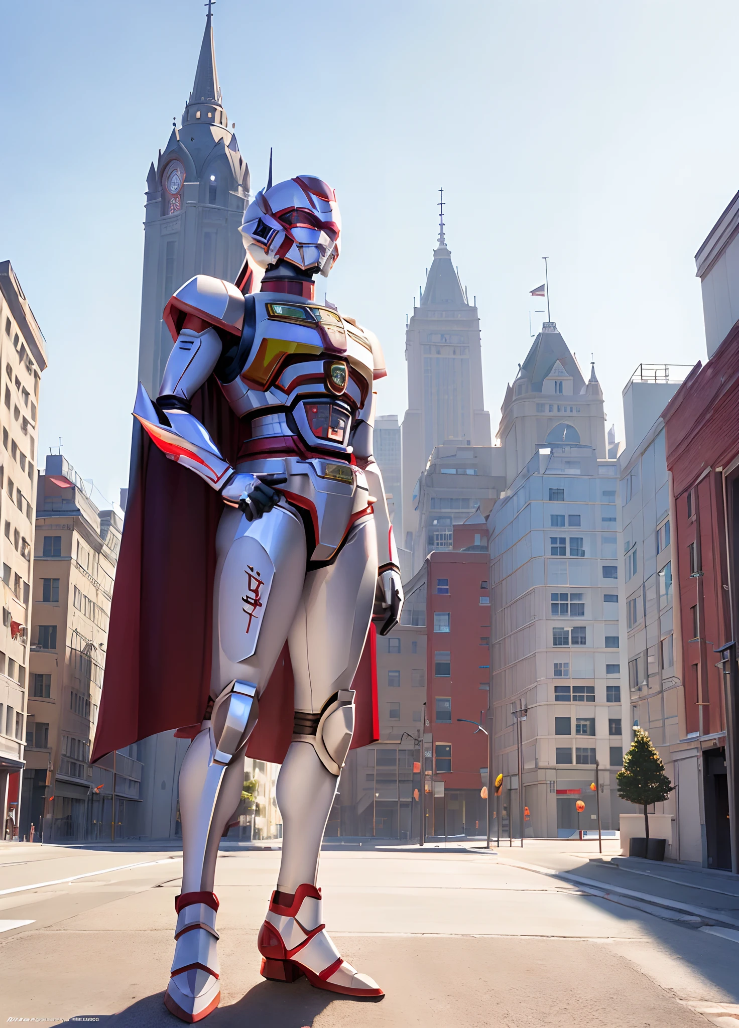 (((Full Body, Jaspion, confident pose))), dark display on helmet, in a city, buildings in the background, white armor with red details, tokusatsu, high detailed, mechanical armor, 8k, FXAA, TXAA, Intricate, highlights on armor, JaspionQuiron character