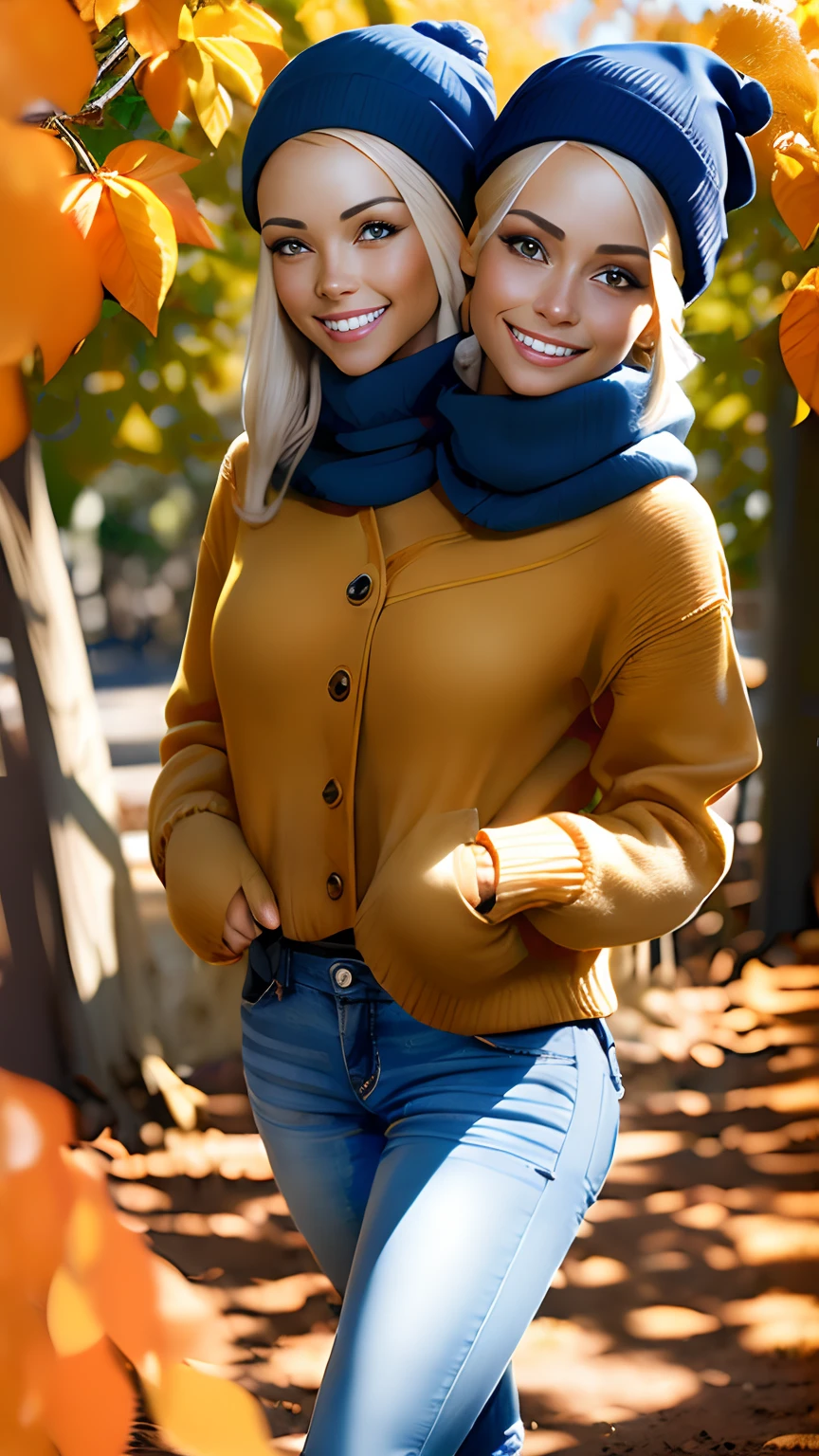 (2Heads:1.5), woman walking in park, white top, blue jeans, black beanie, young, 20 years old, beautiful, mid size blonde hair, sunny day, fall colors, orange trees, autumn, pretty, Instagram photo, smile, pumpkin patch, holding coffee cup, wearing scarf, kodak film, ultra realistic face, photorealistic effect, 8k, perfetc eyes, perfect edges, perfetc body and hair ultra realistic, hair with great details, perfect face