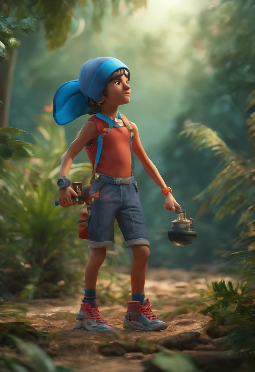 A boy with an athletic body in the jungle, com apena uma perna, pipe letting out a blue smoke, gorro vermelho, paisagem muito linda, com arvores altas, UHD,