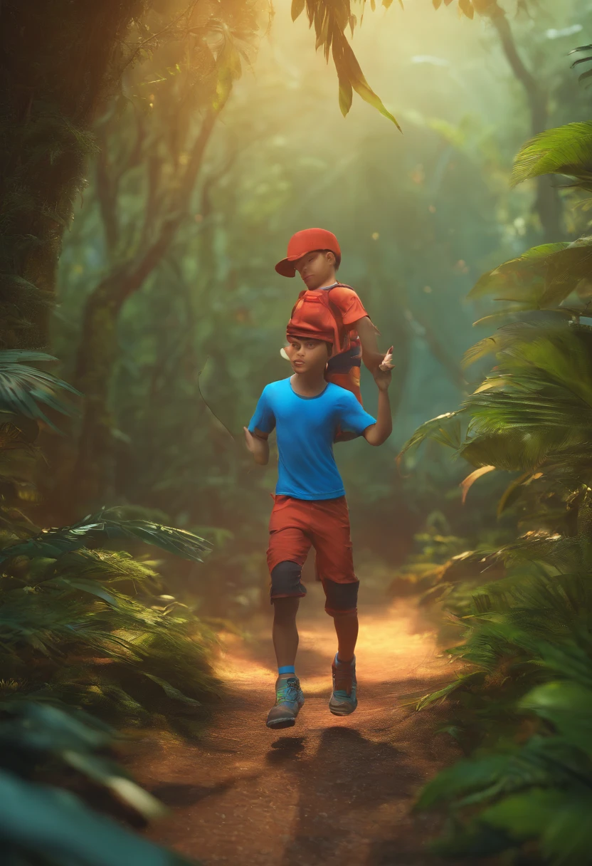 A boy with an athletic body in the jungle, com apena uma perna, pipe letting out a blue smoke, gorro vermelho, paisagem muito linda, com arvores altas, UHD,