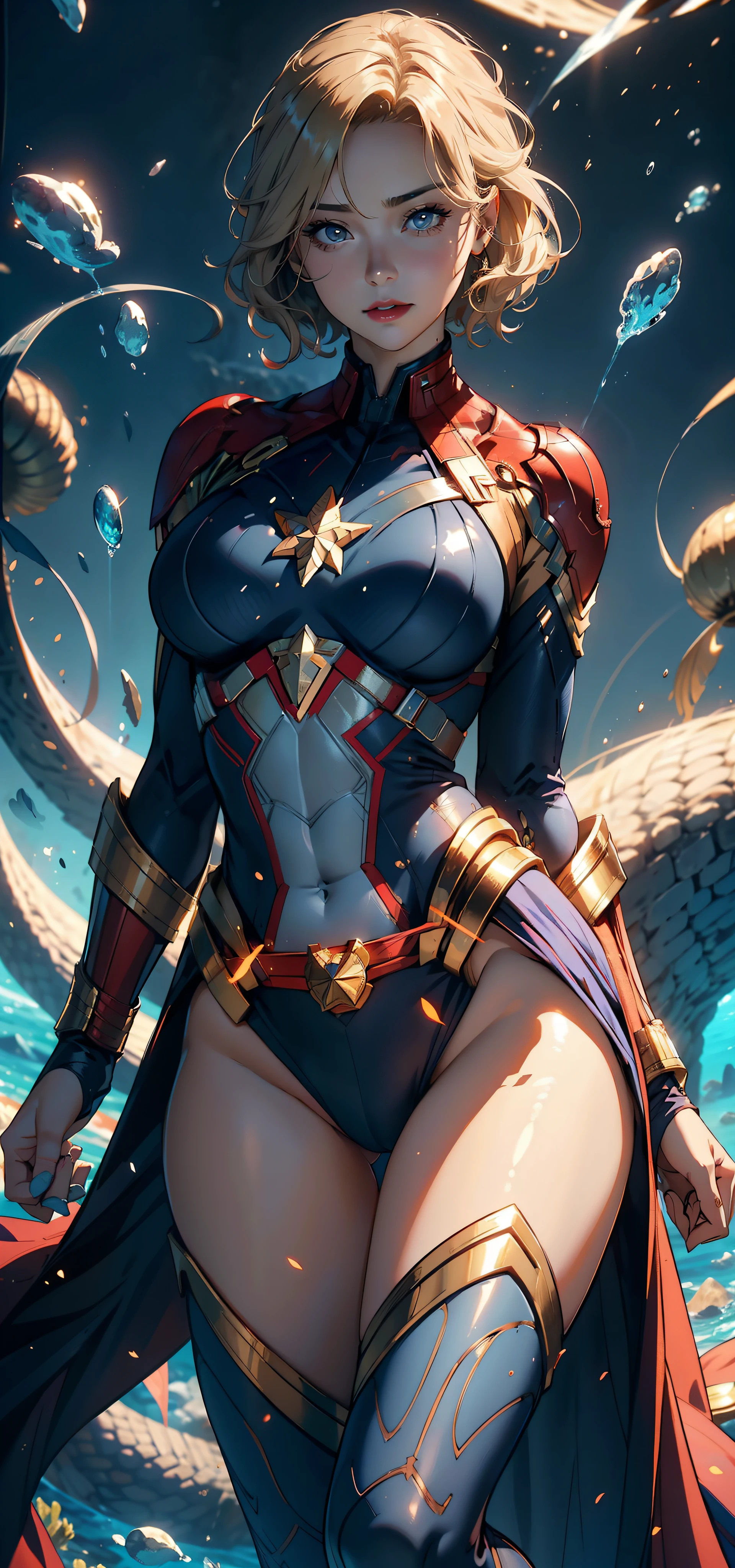 1female,41 years old,熟妇,A MILF ,Married Woman, mature,plumw,extremely large bosom ,Pornographic exposure, 独奏,(Background with:Underwater,ocean floor,Undersea volcanoes,airbubble,The corals) She has short blonde hair,standing underwater,seen from the front, hair straight,(((tmasterpiece),(Very detailed CG unity 8K wallpaper),best qualtiy,cinmatic lighting,detailed back ground,beatiful detailed eyes,Bright pupils,Redlip(Very fine and beautiful),(Beautiful and detailed eye description),ultra - detailed,tmasterpiece,)),facing at camera,A high resolution,ultra - detailed),revealing breasts,Bare genitalia, Bulge,legs are open,Raised sexy,Camel toes,Flushed complexion,frontage,(Wearing:Captain Marvel uniform)