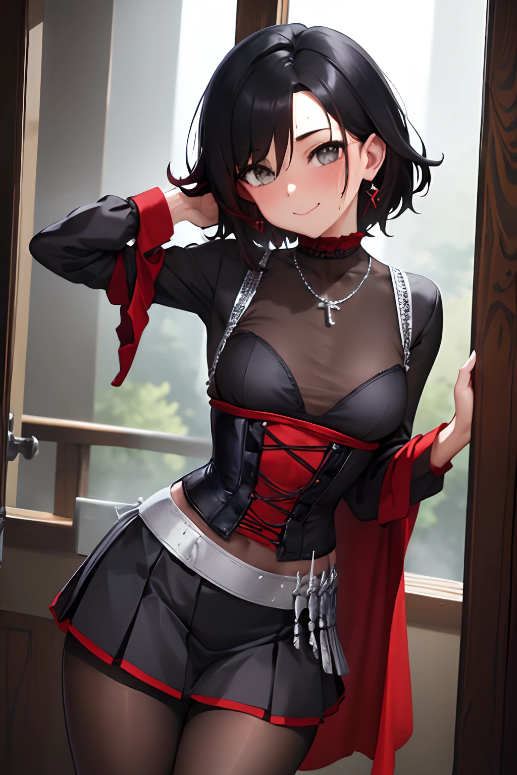 (Masterpiece, Best Quality:1.2), Cowboy shot, age progression, short, 1girl,black colored hair, short hair, smile, closed mouth, looking a viewer, black shirt, corset, black pleated skirt, pantyhose, red cloak, Jewelry, necklace, earrings, small-breasts, slim thighs, Spacer frame, steam, glistering slap, Wet, the sweat,