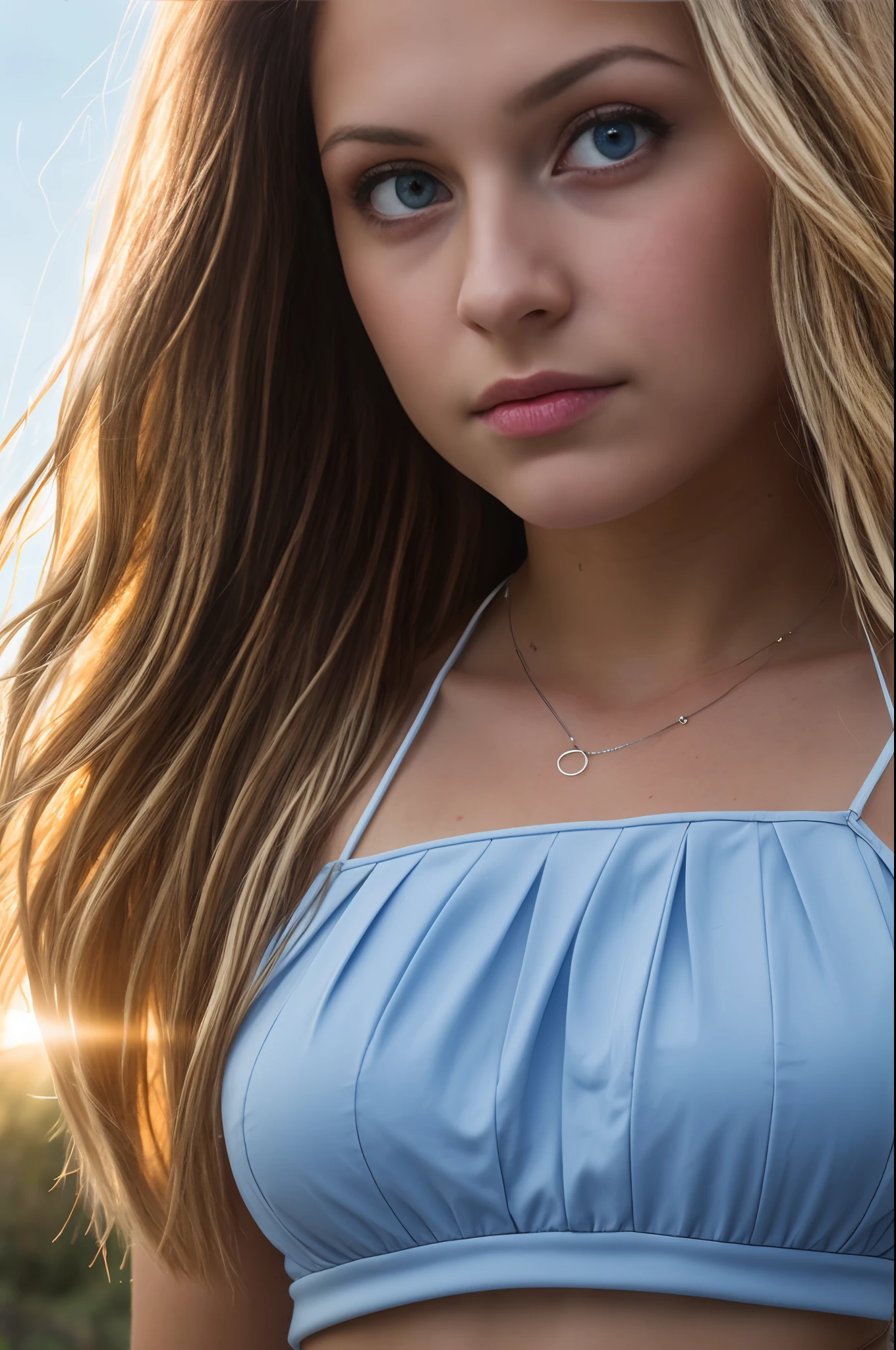 ((European pre-teen)), beautiful girl, light blue eyes, white top with spaghetti straps, very large decode, tiny blue pleated skirt, no panties, realistic vagina, close-up from thighs to face, shot from below, very light skin , very long hair, wavy hair, blonde hair, ancient temple, sunrise, photorealistic, indirect lighting, volumetric light, ray tracing, hyper-detailed, best quality, ultra-high resolution, HDR, 8k