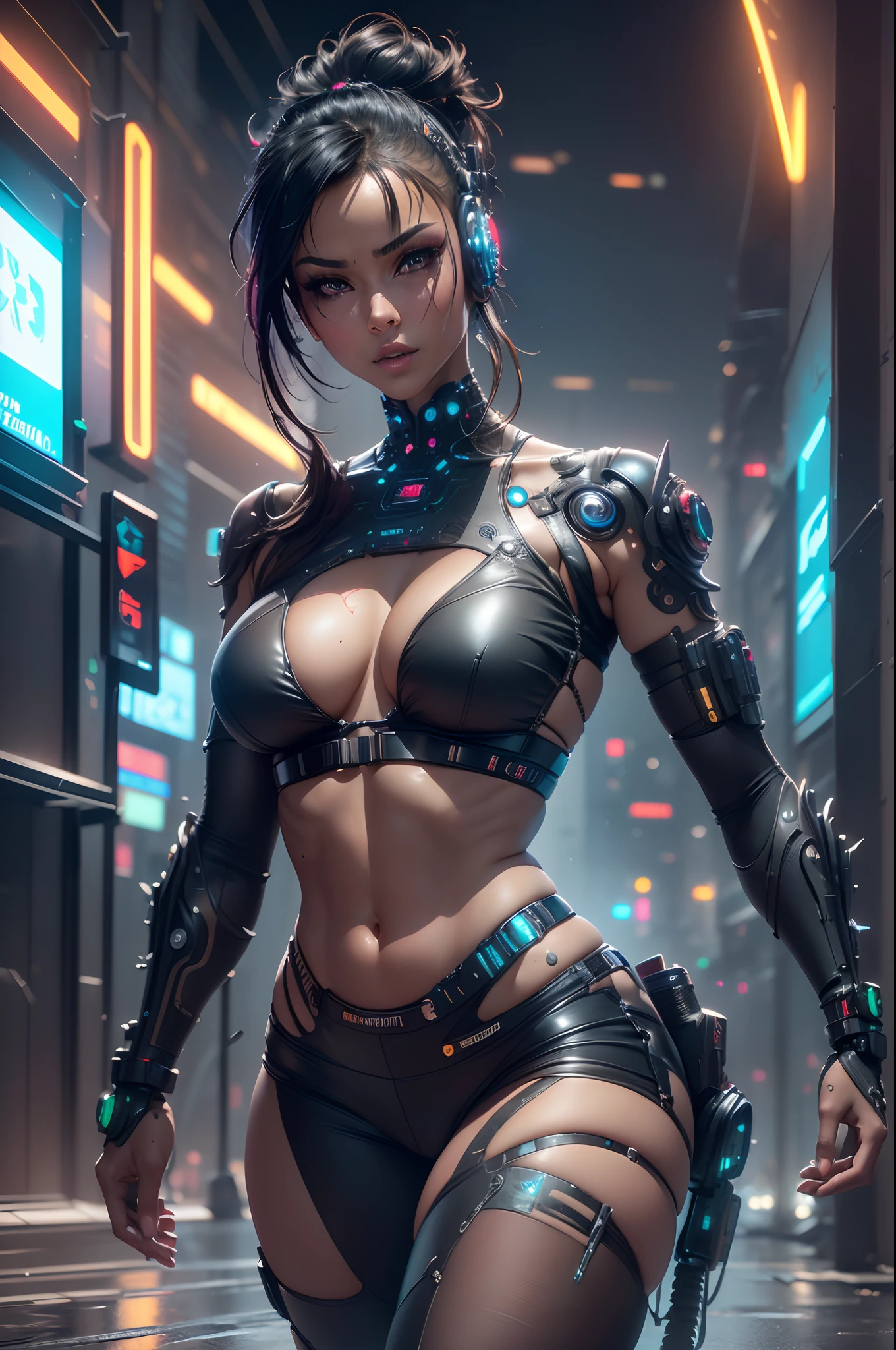 beautiful cyberpunk girl wearing a futuristic head mounted display,  (finely detailed skin), dark skin, (in a deep neckline highly detailed sexy futuristic cyberpunk black crop top and underpants made of circuit boards, cybernetics, japanese words with a flare effect, beautiful epic composition, futuristic, masterpiece, sensual, appealing, posing for a photo