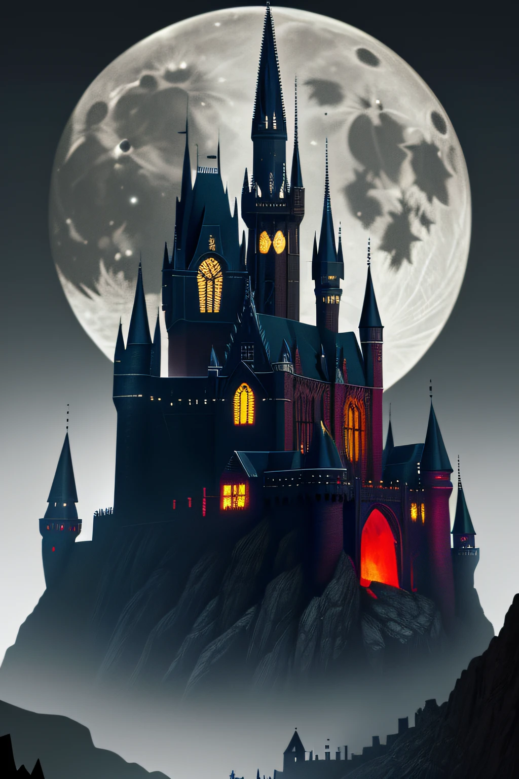 Gothic castle, vampire bats, werewolves, witches, flying red dragons, rallied troops, night time with moon glow in the background, dynamic lighting, photorealistic, high res