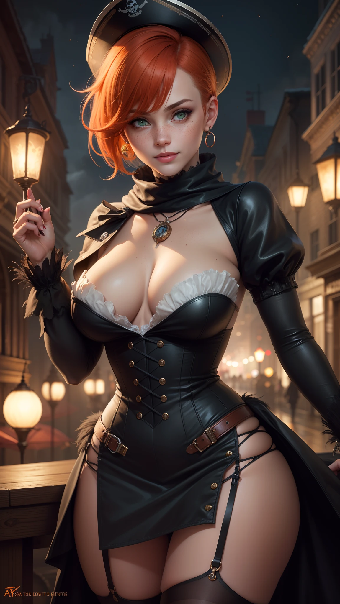 gwen tennyson,tracer,yorha 2b,rebecca chambers,nier automata,1girl,close up,pilot goggles,pilot scarf,zeppelin airship,steampunk world,garter belt, long sleeve victorian top,victorian steampunk skirt,pirate corset,copper neck jewelry,top hat,short hair,copper earrings,night gown,steampunk city, gothic makeup,green eyes,orange hair, shy smile,freckles,redhead,beautiful girl,large breasts,ultra detailed,realistic, fantasy art,