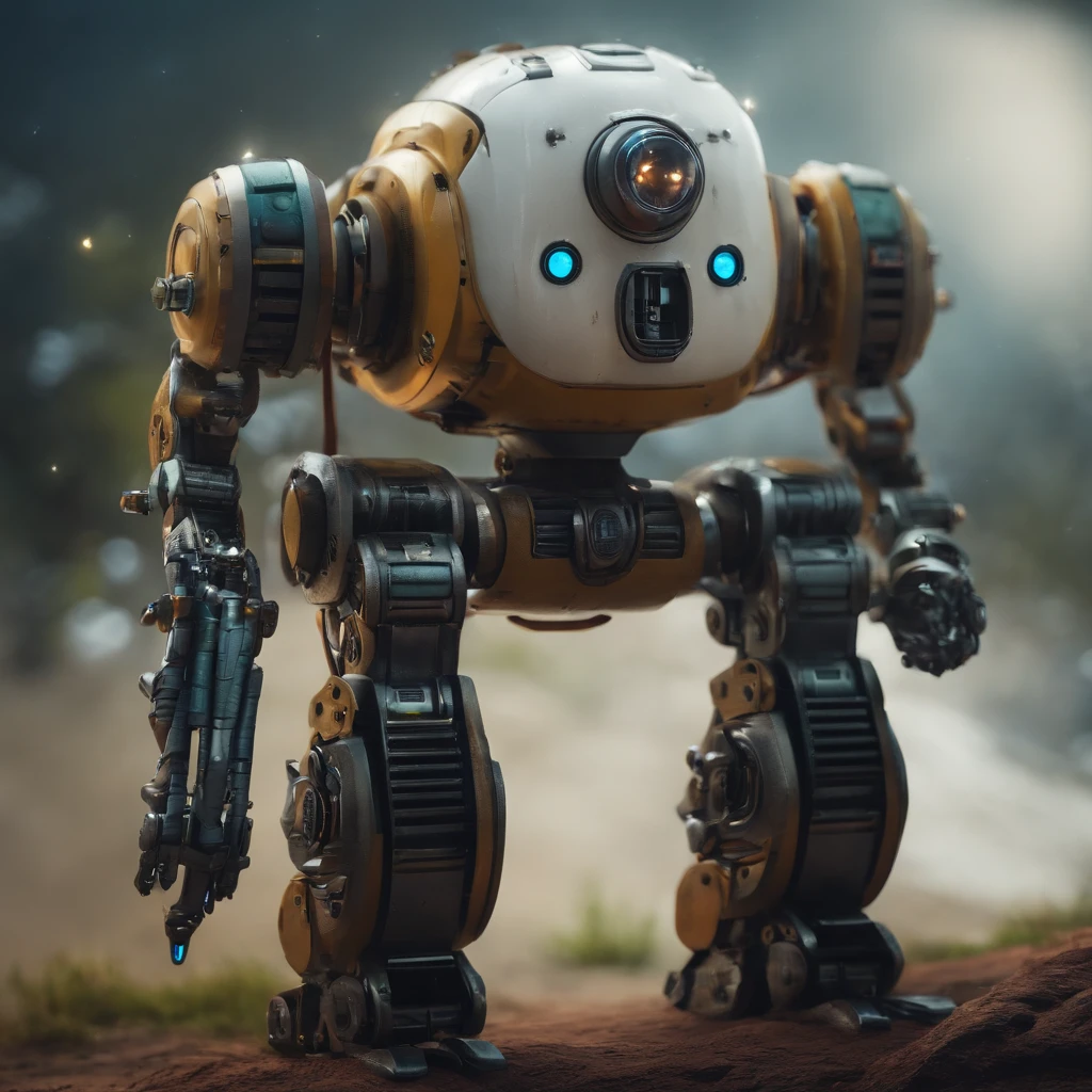 robou branco, com espada de cerra eletrica partindo um inimigo ao meio