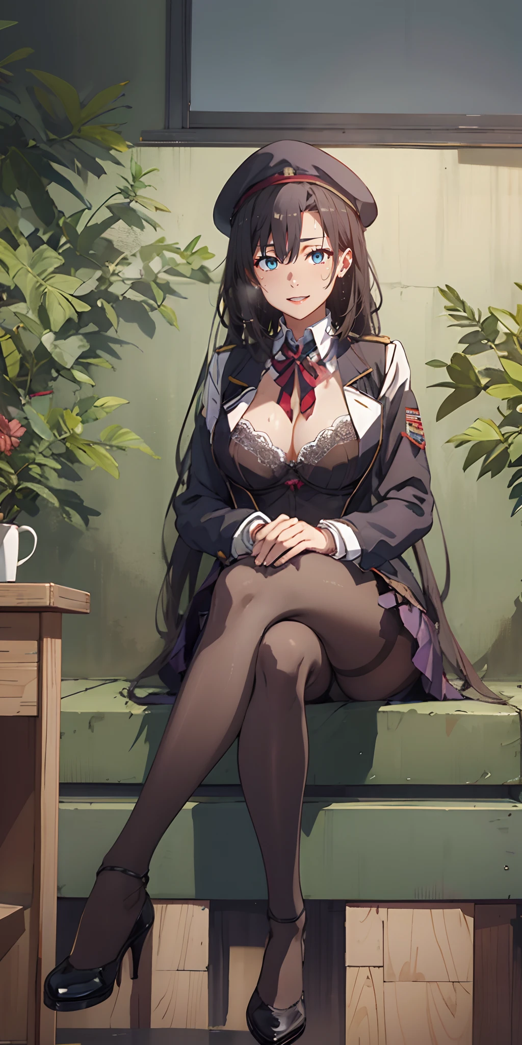 sensei, (black hair, long hair:1.5), blue eyes, 1girl, breasts, gloves, lace-trimmed_bra, lace, bra, skirt, underwear, solo, looking_at_viewer, crossed_legs, pantyhose, large_breasts, sitting, cleavage, purple_bra, bra_through_clothes, beret, white_gloves, high_heels, mole_on_breast, black_footwear, black_legwear, black_skirt, frills, earrings, mole, black_bra, uniform, flower, long_sleeves, miniskirt, panties, military, military_uniform, sweat, lace-trimmed_panties, jewelry
