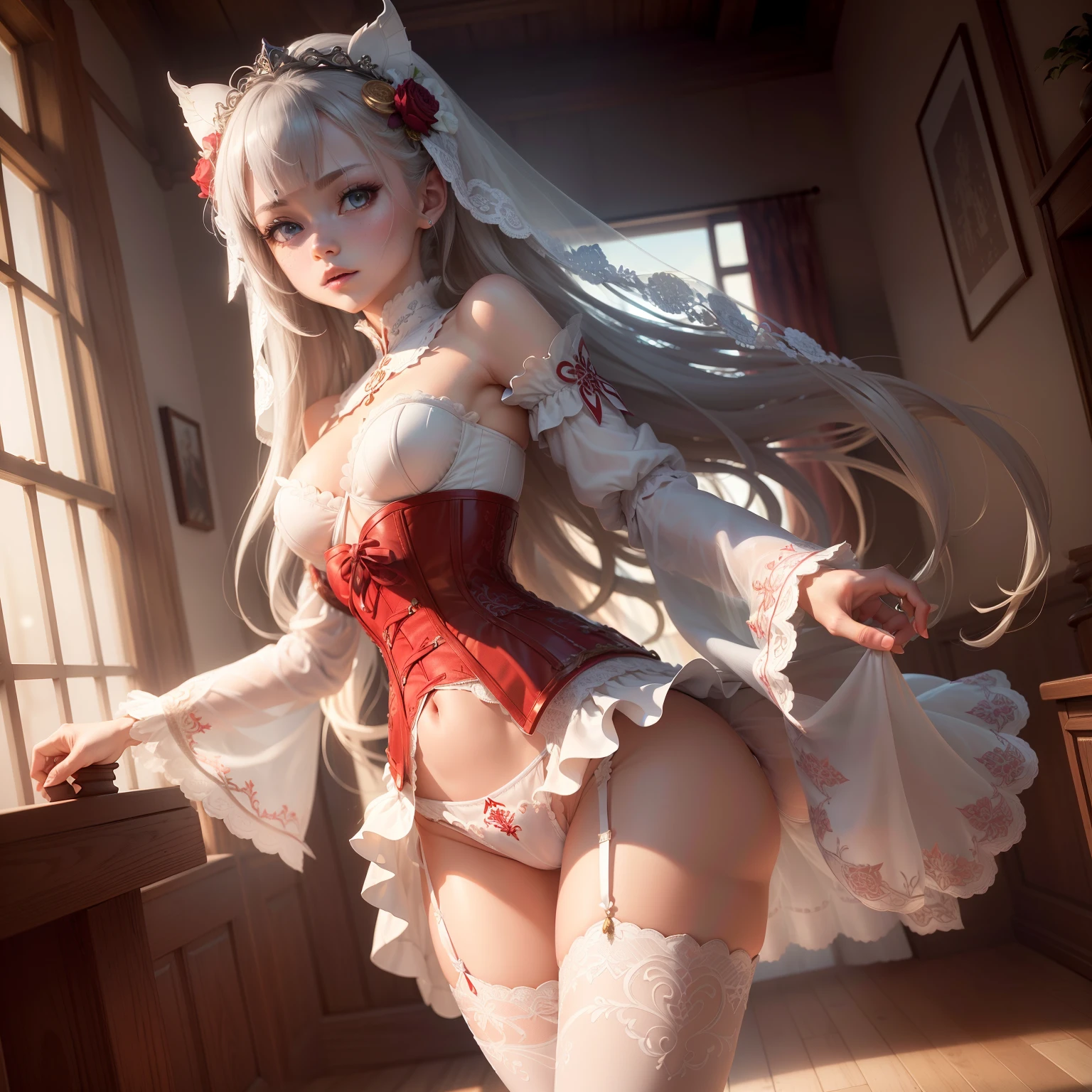 ((the Extremely Detailed CG Unity 8K Wallpapers)), masutepiece, Ultra-detailed, floating, High resolution, Sexually suggestive, (Petite, ridiculously long gray hair, Princess, White Devil Taoism, Blue eyes, (White and red see-through gorgeous panties、Long sleeves and intricate embroidery), Bridal Veil, circlet, bridal gauntlets, Blushing, Shy,Glamorous corset,Skinny Legs,White panty,