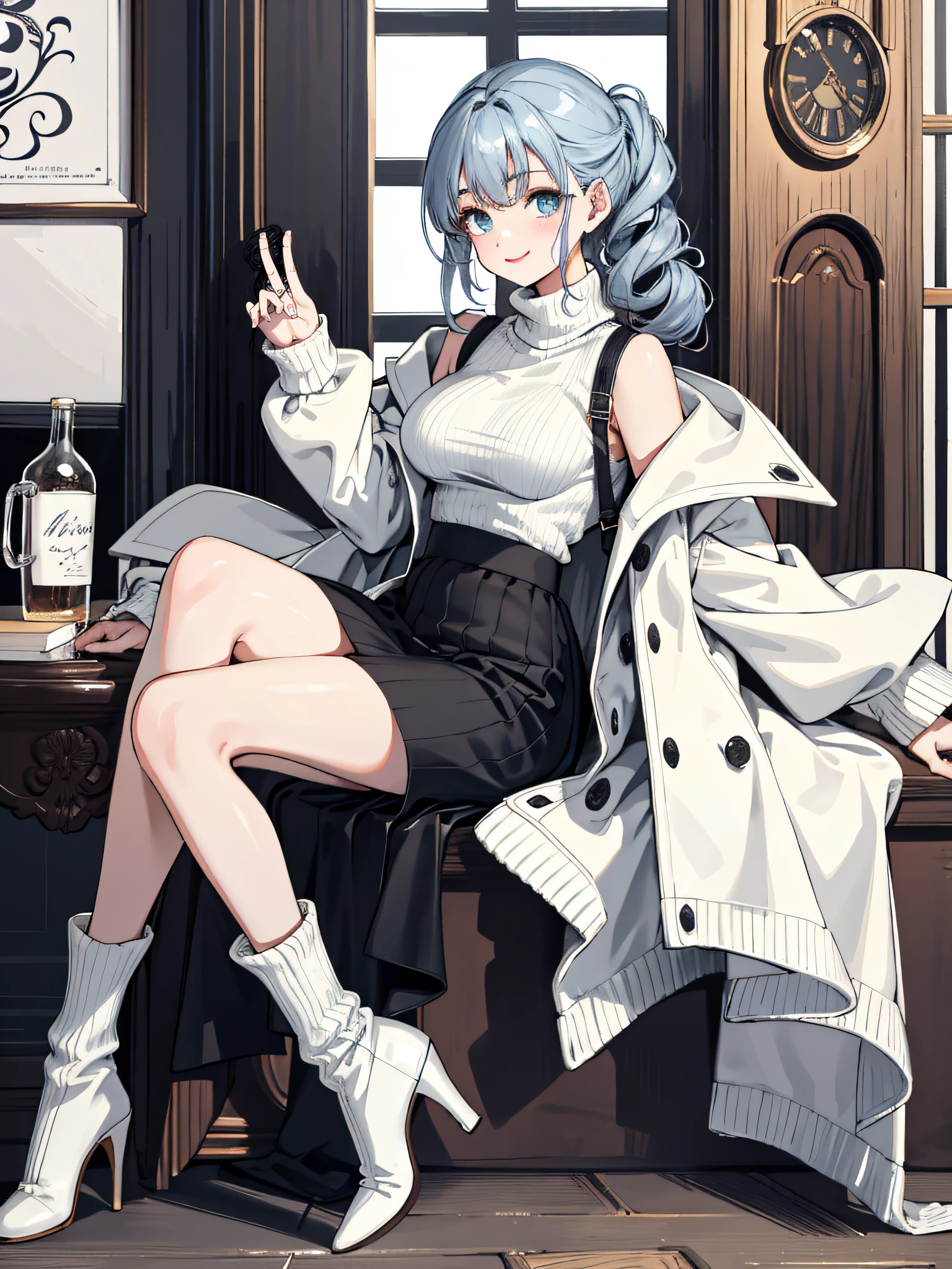 Detailed background、top-quality、Beautiful woman in her 20s、Cute hairstyle、huge-breasted、Smiling、Elegant knitted style、Knitted sweaters and turtlenecks、pleatedskirt、On top is、Wear a classic trench coat、For your feet, Choose boots or pumps with heels.、Please bring a smaller bag