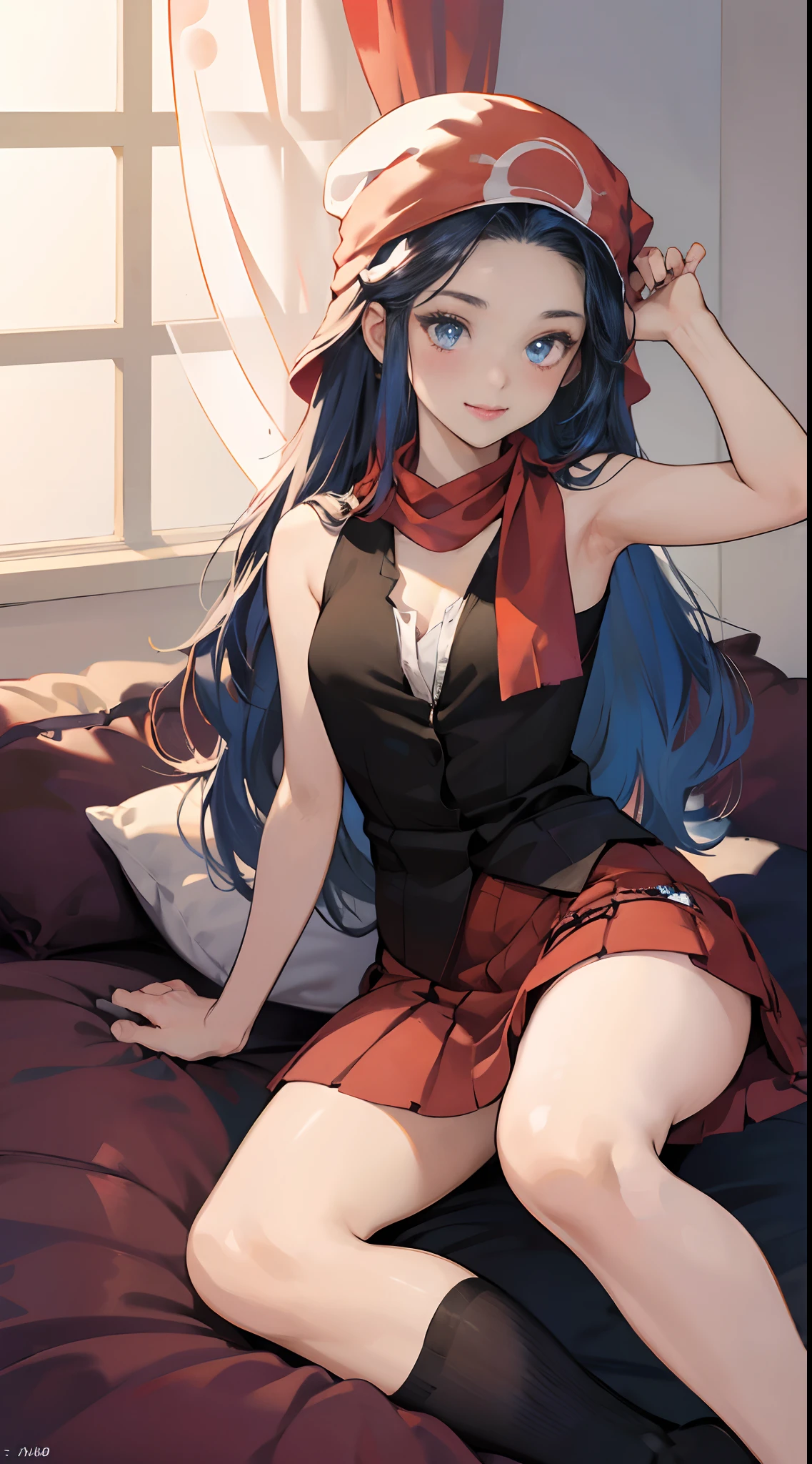 masterpiece, full body, dark blue hair young girl, blue eyes, long wavy hair, medium breasts, sexy body and face, black sleeveless shirt, lay at the bed, innocent smile, red blush, yellow hairpin, red scarf, red skirt, white headwear, sexy pose, dakimakura