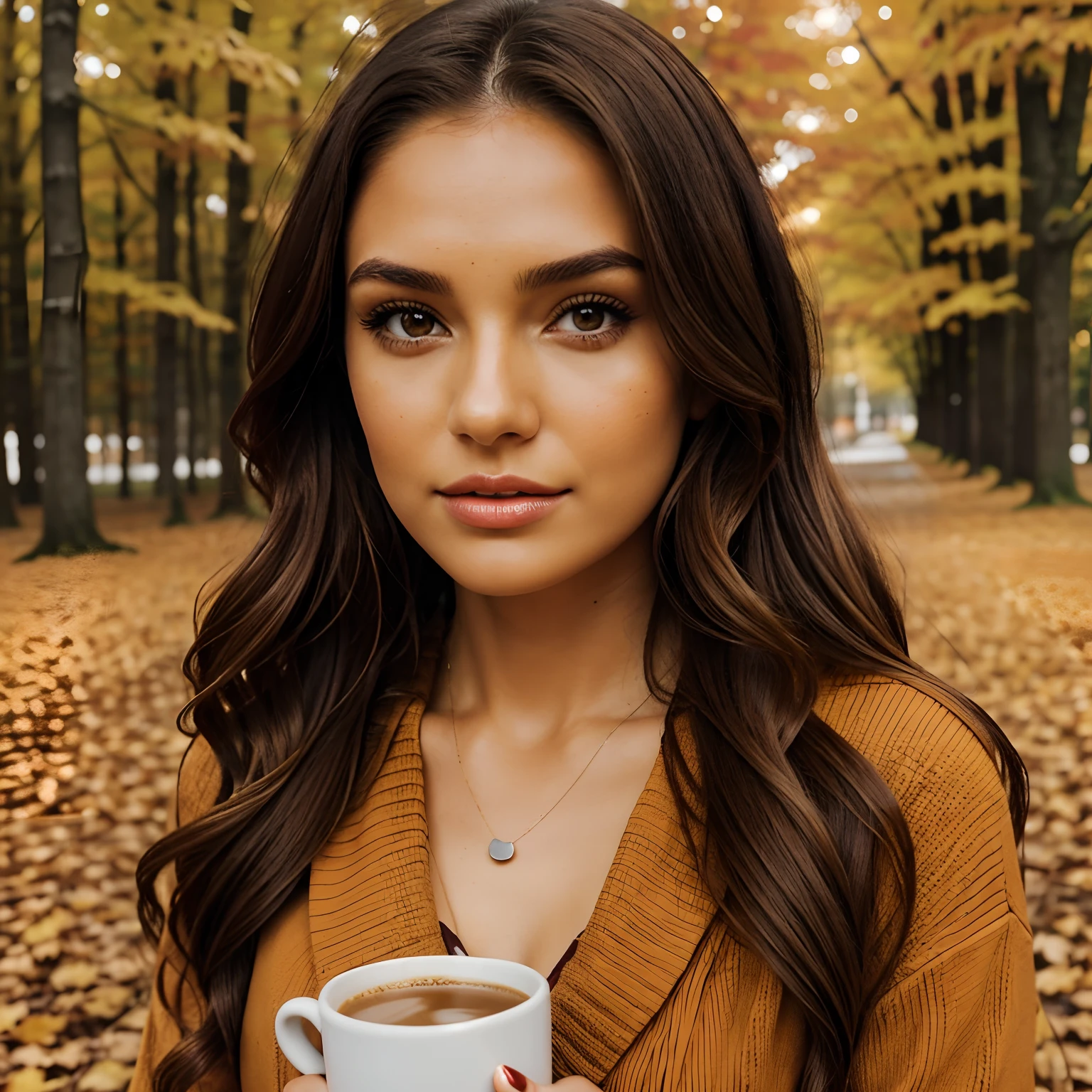 Generate full-body photography of Autumn, the stunning brunette influencer. She should appear in her mid-20s, approximately 5'4" tall, with long, wavy chestnut hair that falls gracefully on her shoulders. She has an athletic hourglass figure accentuated by her full bust. Her complexion should be flawless, with a warm, sun-kissed tan. Autumn's expressive brown eyes should radiate charisma, and she should have a relaxed and confident demeanor.For the 'Pumpkin Spice Personified' theme, Autumn should be dressed in a chic, cozy, and slightly spicy autumn-inspired outfit that reflects her playful personality. Think fashionable with a touch of cheeky charm.The surroundings should exude a cozy autumn atmosphere, featuring elements like pumpkin spice lattes, fallen leaves, and soft, warm lighting. This backdrop should highlight Autumn's love for the season and her playful nature.Pose Autumn in a way that captures the essence of autumn and her spirited personality. She holds a white coffee to go cup, adding a dash of spice to the photo and emphasizing her love for all things pumpkin spice.Intense look and makeup with autumnal colors, symmetrical eyes, symmetrical face, photorealistic, photography, path tracing, specular lighting, volumetric face light, path traced hair, visible shadows, intricate, elaborate, hyper-realistic."