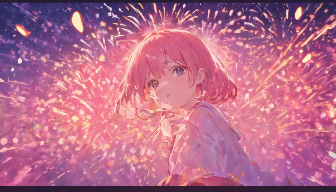 the night，in pink，Fireworks all over the sky，Heart-shaped bubbles，Child couple，comic strip，Chubby little girl and little boy hugging each other，Glowing fireflies fly around，，pretty and cute，Kids Illustration，glow effect，dingdall effect，depth of fields，highlight，Real Light，Ray traching，OC rendering，Hyper-realistic，best qualtiy，8K，Works of masters，super-fine，Detailed pubic hair，Correct anatomy，sharp focus on eyes，Bokeh，Facial features are carefully drawn