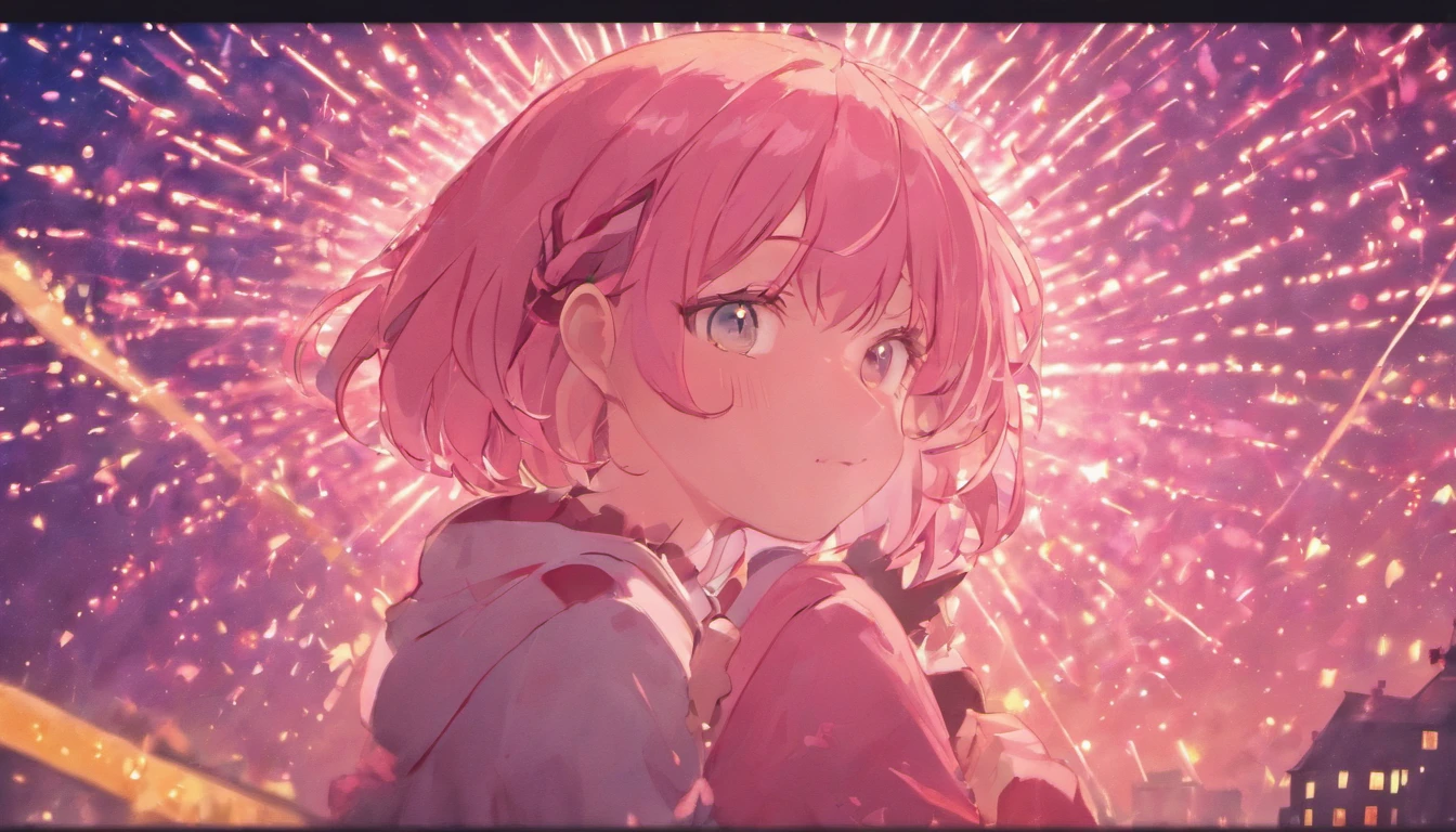 the night，in pink，Fireworks all over the sky，Heart-shaped bubbles，Child couple，comic strip，Chubby little girl and little boy hugging each other，Glowing fireflies fly around，，pretty and cute，Kids Illustration，glow effect，dingdall effect，depth of fields，highlight，Real Light，Ray traching，OC rendering，Hyper-realistic，best qualtiy，8K，Works of masters，super-fine，Detailed pubic hair，Correct anatomy，sharp focus on eyes，Bokeh，Facial features are carefully drawn