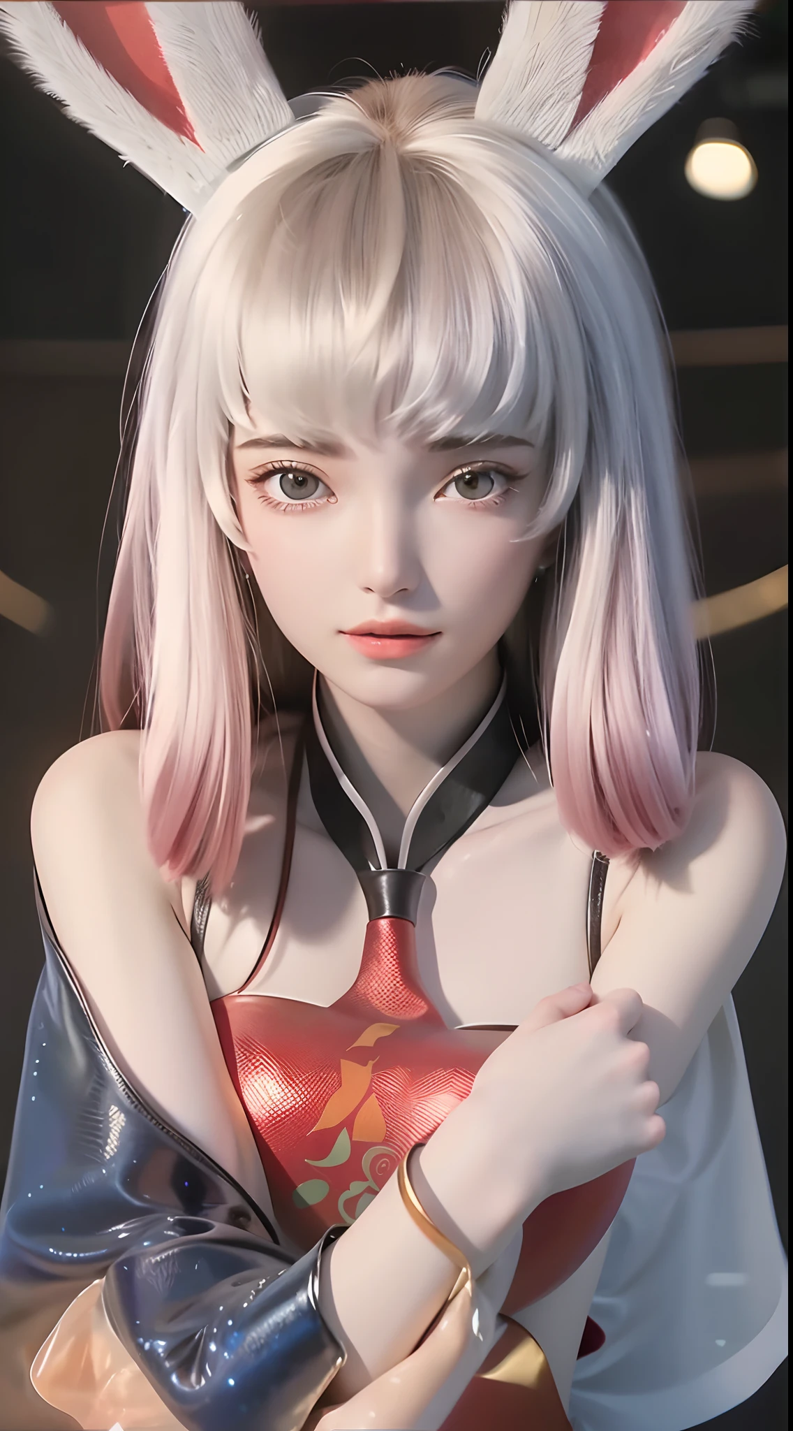 (Masterpiece, Best quality:1.2), 8K, ar old, 85mm, offcial art, RAW photo, absurderes, White dress shirt, Pretty face, Close up, The upper part of the body, violaceaess, gardeniass, Beautiful girl, constricted waist, Thighs,, view the viewer, No makeup, (Smile:0.4), filmgrain, color difference, Sharp focus, facelight, clear lighting,Detailed face, Bokeh background, (dark red necktie:1.1)