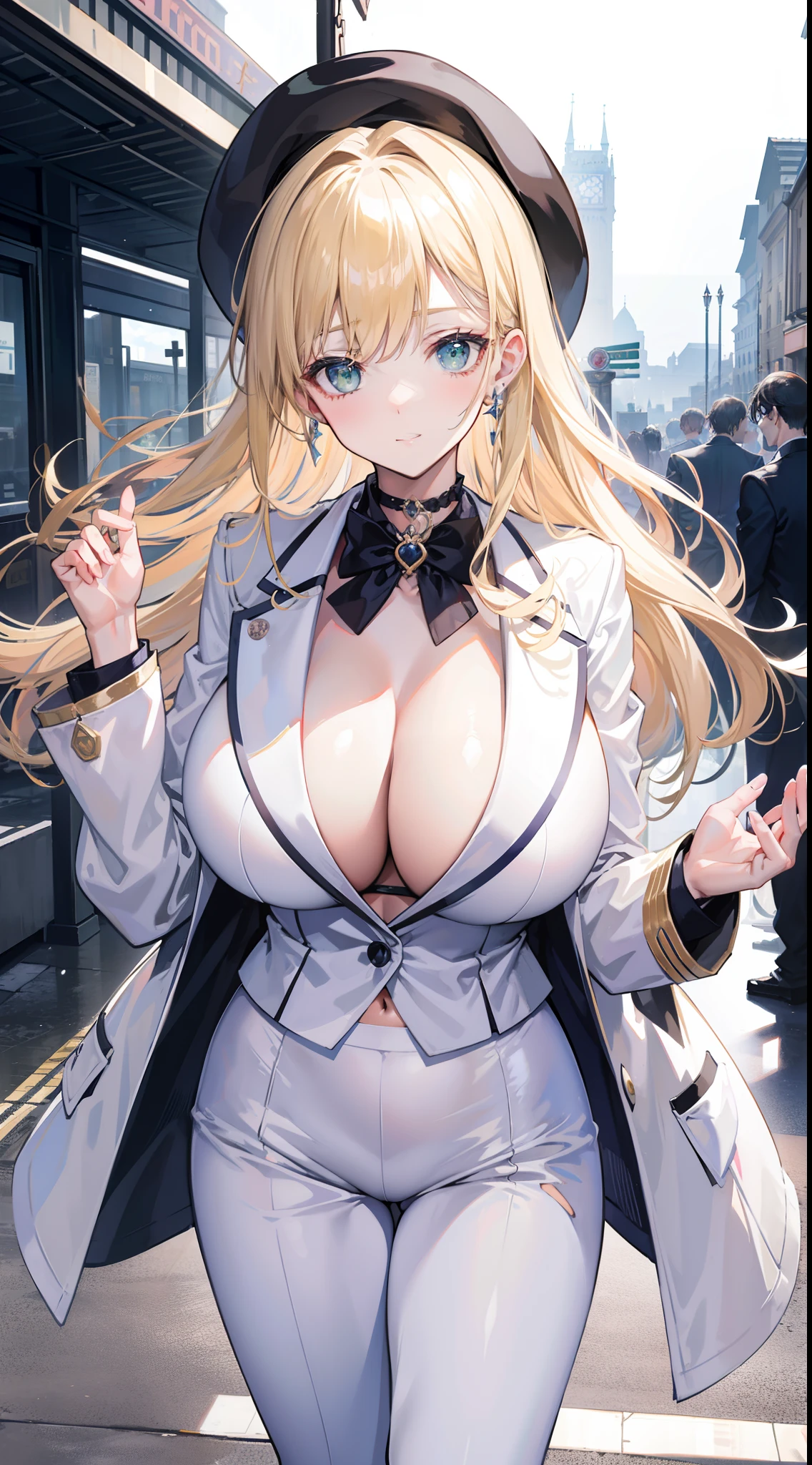 Chains,耳Nipple Ring,choker necklace,Forehead,middle parted hairstyle,femele,Train station,a beauty girl,Long light blonde hair,green pupills,Business suit,white business suit,in suit,White color blouse,shorter pants,wind coat,Cowboy hat,Flower arrangement on a hat,The streets of London,high-heels,obi strip,tiese,wind coat,ssmile,huge tit,(cleavage),(huge tit)