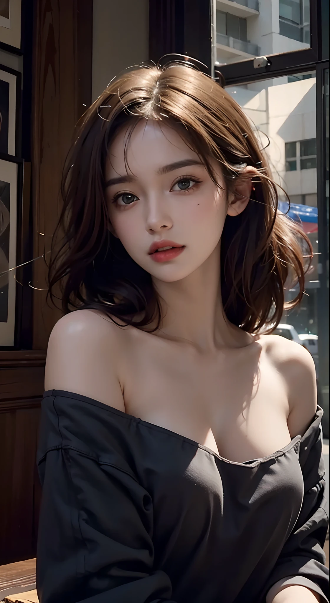 Best quality, masterpiece, ultra high res, (photorealistic:1.4), raw photo, 1girl, off shoulder, cinematic lighting