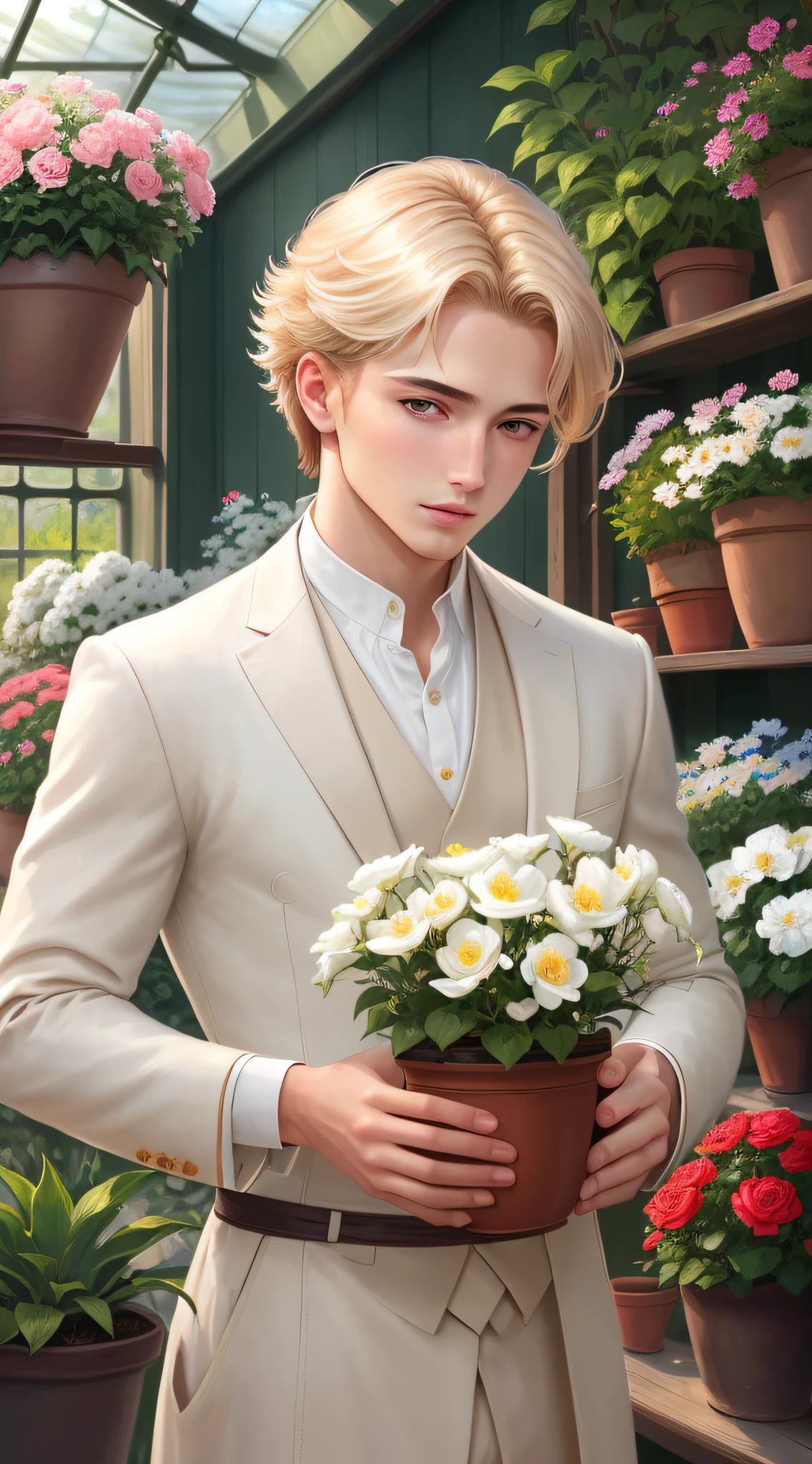 male, In the flower shop, White T-shirt and, lots of flowers,nsfw,nude