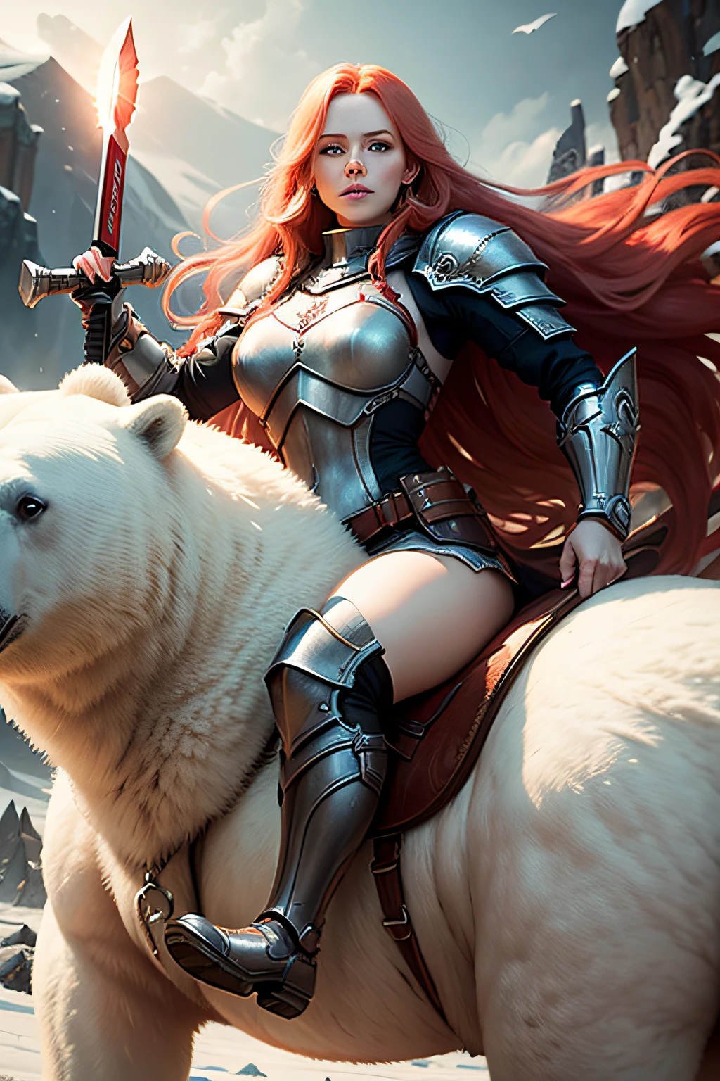 a white-skinned woman, with long red hair, strong but not muscular, wearing light armor and a war hammer, riding a polar bear
