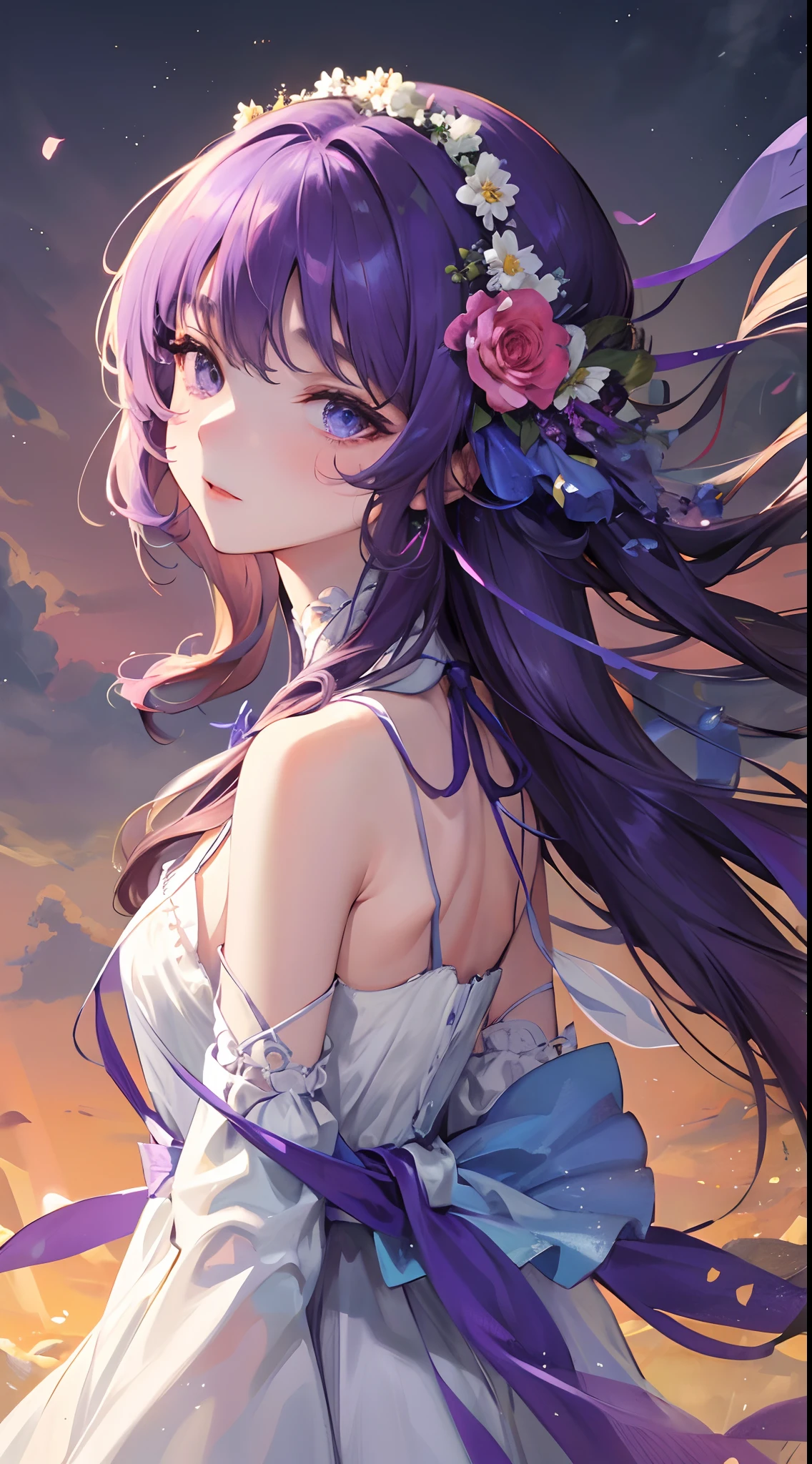A girl wears a light purple dress long dress,Shawl with long hair,fresh flowers,the setting sun,depth of fields,独奏,夏天,Close-up of people),high detal,high qulity,Good atmosphere,delicated,cg render,detail render,(Delicate facial portrayal)(Fine hair portrayal)(highest quality)(Master masterpieces)(High degree of completion)(a sense of atmosphere)(half-body portrait)