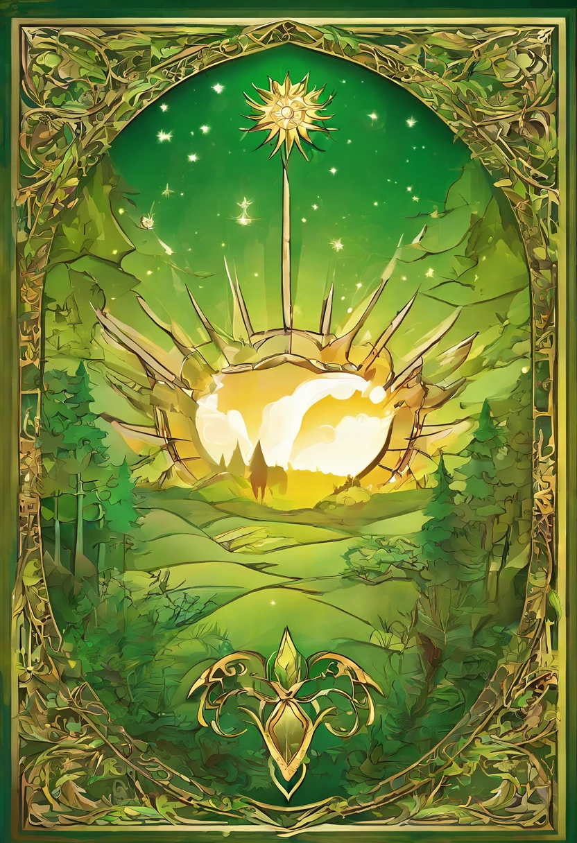 Shield: The shield itself has a deep green background, symbolizing the exuberance and vitality of nature. In the center of the shield is a stylized image of the sun rising over a mountainous horizon, representing the Greenleaf family's connection to sunlight and nature. The sun's rays extend outward, radiating heat and light, symbolizing Aurora's solar powers.
Ornamentation: Above the shield, there is a knight's helmet, indicating nobility and protection. Protruding from the sides of the helmet are green cloaks that flutter in the wind, adorned with patterns of leaves and flowers. This further highlights the family's connection with nature.
Support: To the left and right of the shield are two stylized animals: a wolf and an owl. The wolf represents courage and determination, qualities that Aurora demonstrated on her journey to protect nature. The owl symbolizes wisdom and knowledge, reflecting the family's commitment to learning and understanding magic.
Motto: Below the shield, a Latin motto reads "Lumen Naturae Custodiamus" which means "Guardians of the Light of Nature". This motto highlights the Greenleaf family's mission and responsibility to protect and preserve the light and harmony of nature.
Colors: The predominant colors in the coat of arms are deep green and bright gold. Green represents nature and vitality, while gold represents the sun and light.