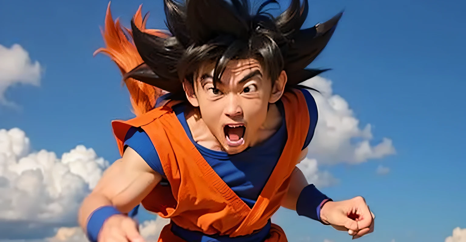 Dragon Ball Goku flying in the sky, Sun Wukong, Goku, goku from dragon ball, character dragonball, goku from dragonball z, human goku, goku from dragonball z, portrait of goku, dragon balls, dragon ball style, Goku as an Asian, super saiyan goku, dragon balls, Dragon Ball Super, goku portrait, super sayian goku