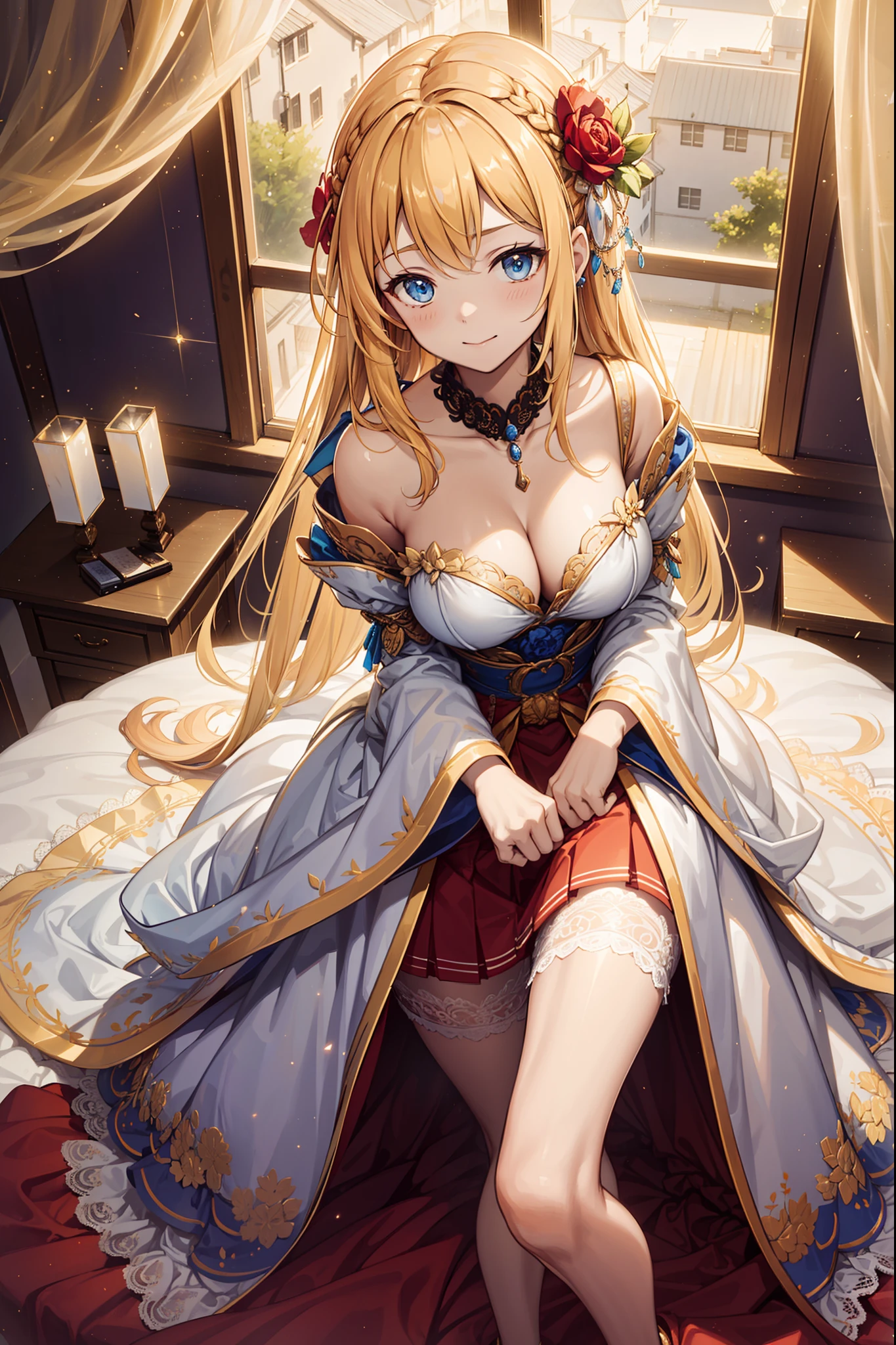 s girl,Enchanted,Divine happiness,Being in love,(Yellow and white court dress dress),blond hairbl,eBlue eyes,Maximalism,Multiple layers of delicate ruffles,Lots of lace,Delicate embroidery,Delicate pattern,Fabric headdress,exquisite costumes,see-through transparent clothes,Bedroom scene of Western mythology,the night,Dazzle,Movie lighting,the night,solo person,(Flowing skirt:1.1),metal decoration,Lace, (Shine:1.2), (Best quality), (Masterpiece:1.2),