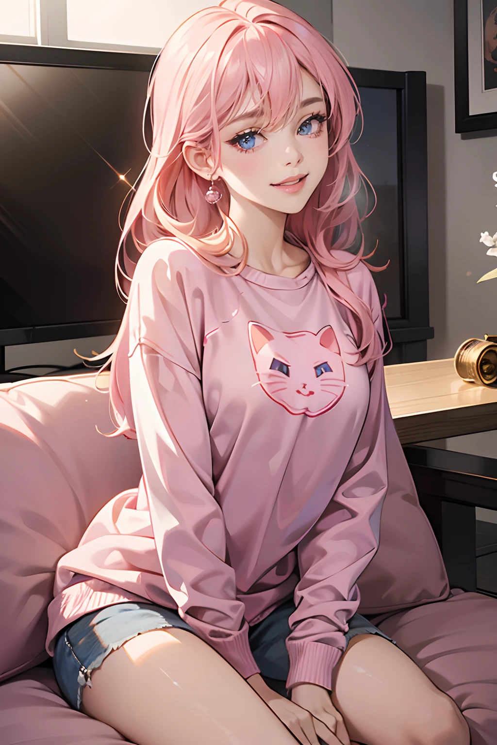 (tmasterpiece, high resolution,ultra - detailed:1.0),1 girl,Young and beautiful women,eye looking to camera,Perfect female body, , Extremely detailed CG,Unity 8k wallpaper, solo person, (Pink hair, cat pattern clothes,sweater, T-shirt,smile,happy face),modern living room,color difference, Depth of field,dramatic shadow, Ray tracing, Best quality, Cinematic lighting,offcial art,