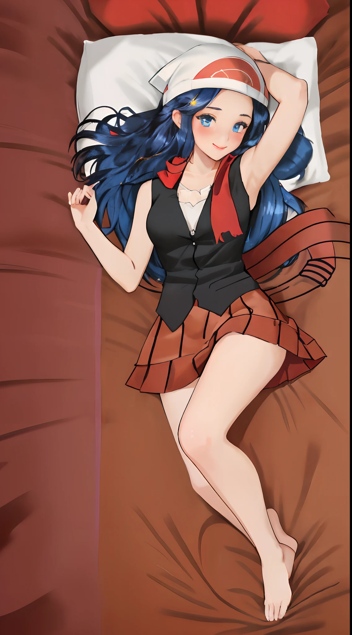 masterpiece, full body, dark blue hair young girl, blue eyes, long wavy hair, medium breasts, sexy body and face, black sleeveless shirt, lay at the bed, innocent smile, red blush, yellow hairpin, red scarf, red skirt, white headwear, sexy pose, dakimakura
