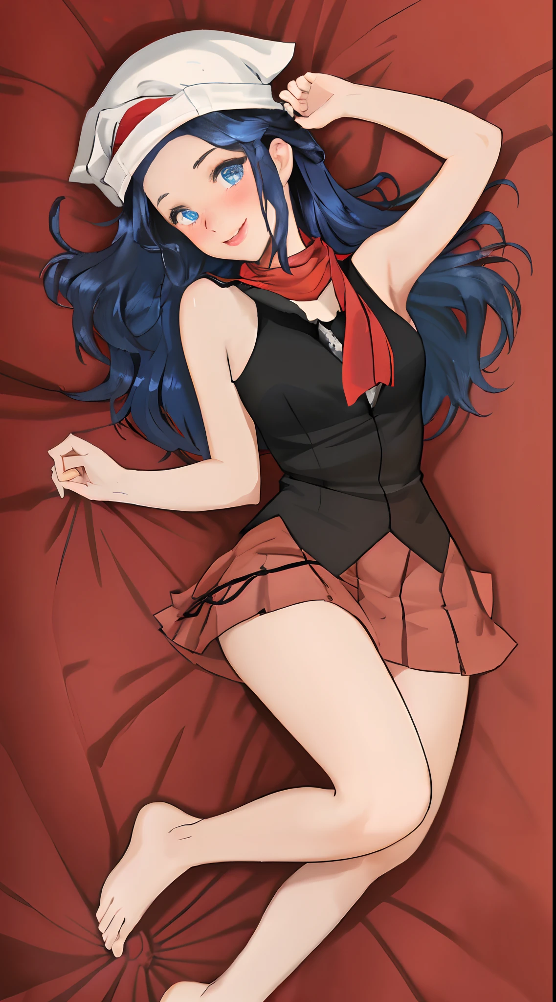 masterpiece, full body, dark blue hair young girl, blue eyes, long wavy hair, medium breasts, sexy body and face, black sleeveless shirt, lay at the bed, innocent smile, red blush, yellow hairpin, red scarf, red skirt, white headwear, sexy pose, dakimakura