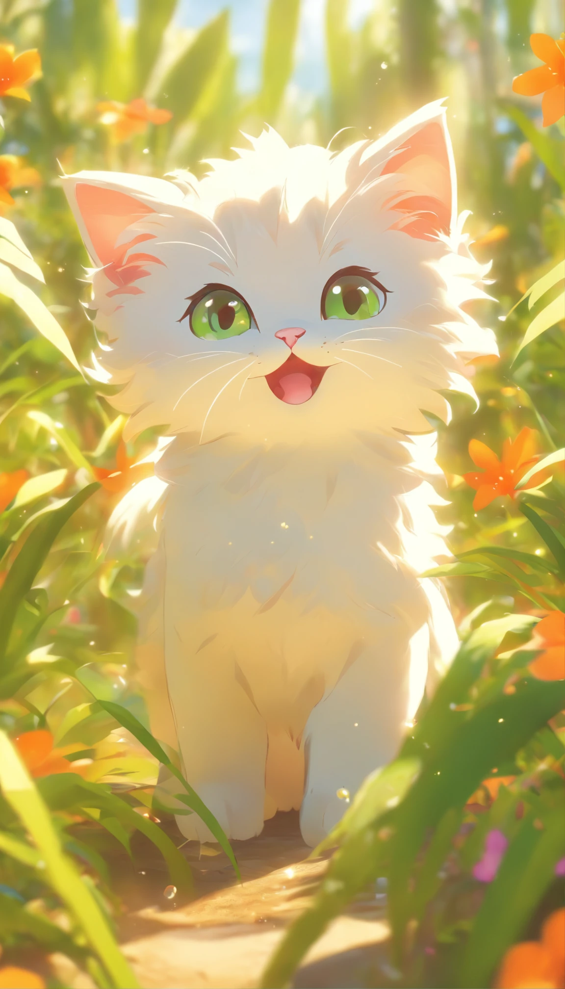 Very cute furry white tropical punk kitten,largeeyes,flower field,full body Esbian,bocchi,laughingly,Professional Light,Faraway view,depth of fields,8K,Wide-angle high-angle view,professional photoshoot,rendering by octane,best qualtiy,tmasterpiece,