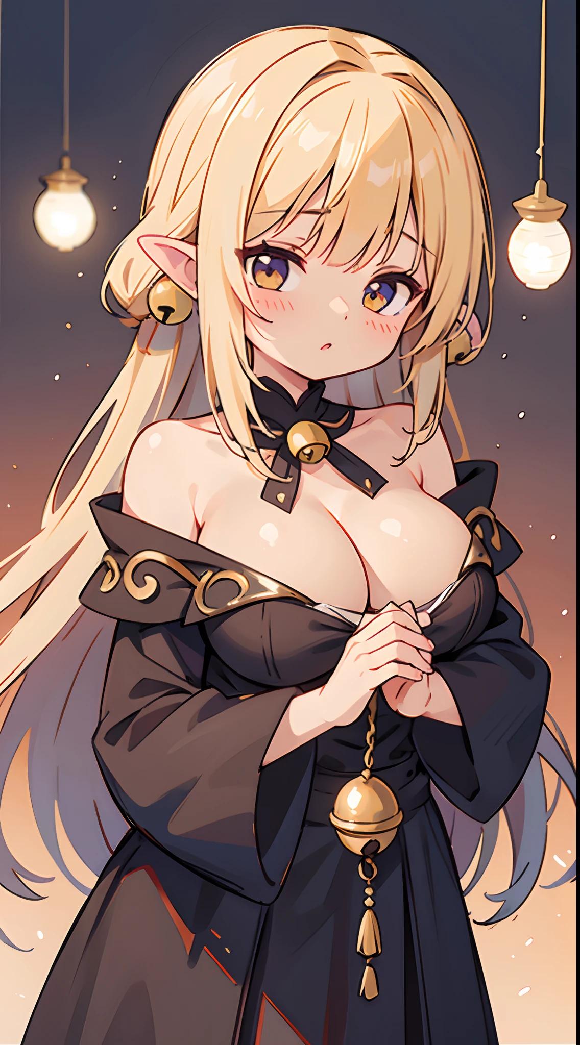 number art、Dark Elves、Yuruchara style、Kaihuai、Wearing a bell，Large breasts，cleavage，Off-the-shoulder attire