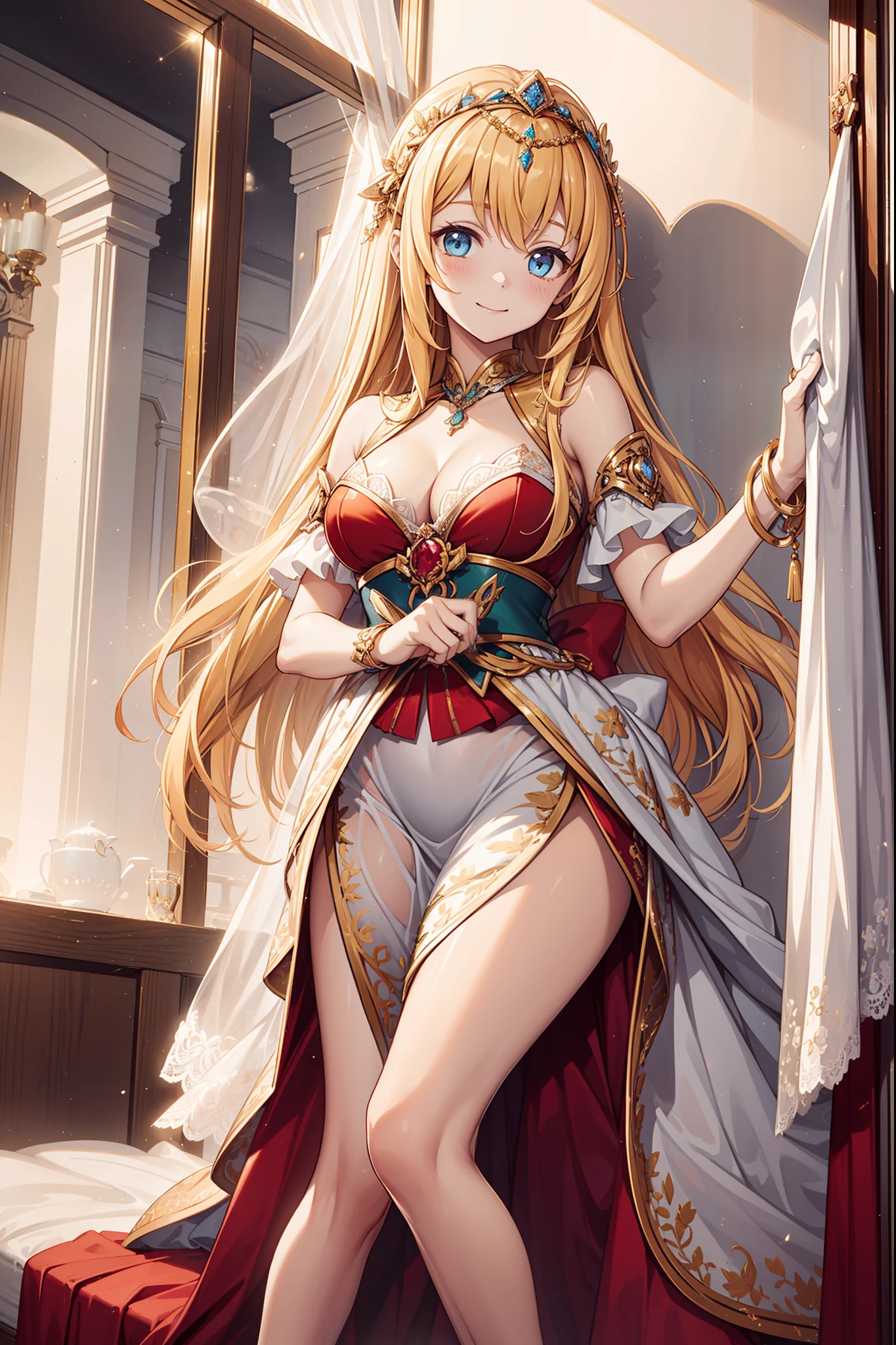 teens girl,Enchanted,Divine happiness,Being in love,(Yellow and white court dress dress),blond hairbl,eBlue eyes,Maximalism,Multiple layers of delicate ruffles,Lots of lace,Delicate embroidery,Delicate pattern,Fabric headdress,exquisite costumes,see-through transparent clothes,Bedroom scene of Western mythology,the night,Dazzle,Movie lighting,the night,solo person,(Flowing skirt:1.1),metal decoration,Lace, (Shine:1.2), (Best quality), (Masterpiece:1.2),