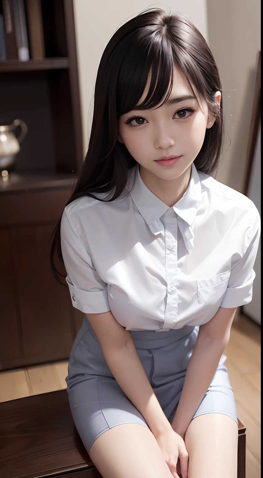 Ultra photo realsisim, 8K, CG,s the perfect face,flawless perfection,Ren,tmasterpiece,professionalartwork,famousartwork,s the perfect face,beauitful face,beautidful eyes,((((Double ponytail)))),((Perfect female body)),独奏,(immersiveatmosphere,lightand shade contrast:1.5,Bright light:1.2,lumnious),(Blushlush:0.5),Enchanting expression,Ultimate detail_The eye,thick thight,huge tit,Exquisite background,depth of fields,photorealestic:1.3,Faraway view,1girll,The shirt,pleatedskirt,school uniform,Sit Pose,((((full bodyesbian)))),(ambient lights:1.3),(cinematic compositions:1.3),(neonlight:0.1),(hdr:0.1),emphasis lighting,White panty hose,(((clear clothing)),perspiration,sweat,