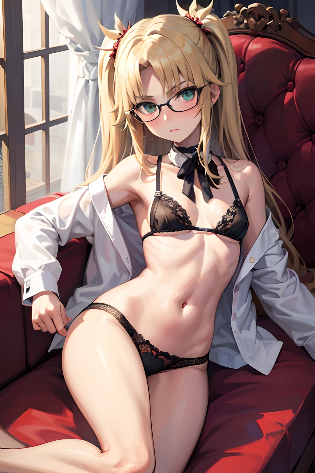 Masterpiece, High definition, High quality, Detailed face, detailed body render, girl , blonde hair , blush , couch , glasses , green eyes , long hair , looking at viewer , lying , on side , parted bangs , purple panties , sidelocks , small breasts , underwear , white shirt , long sleeves, mordred (fate)